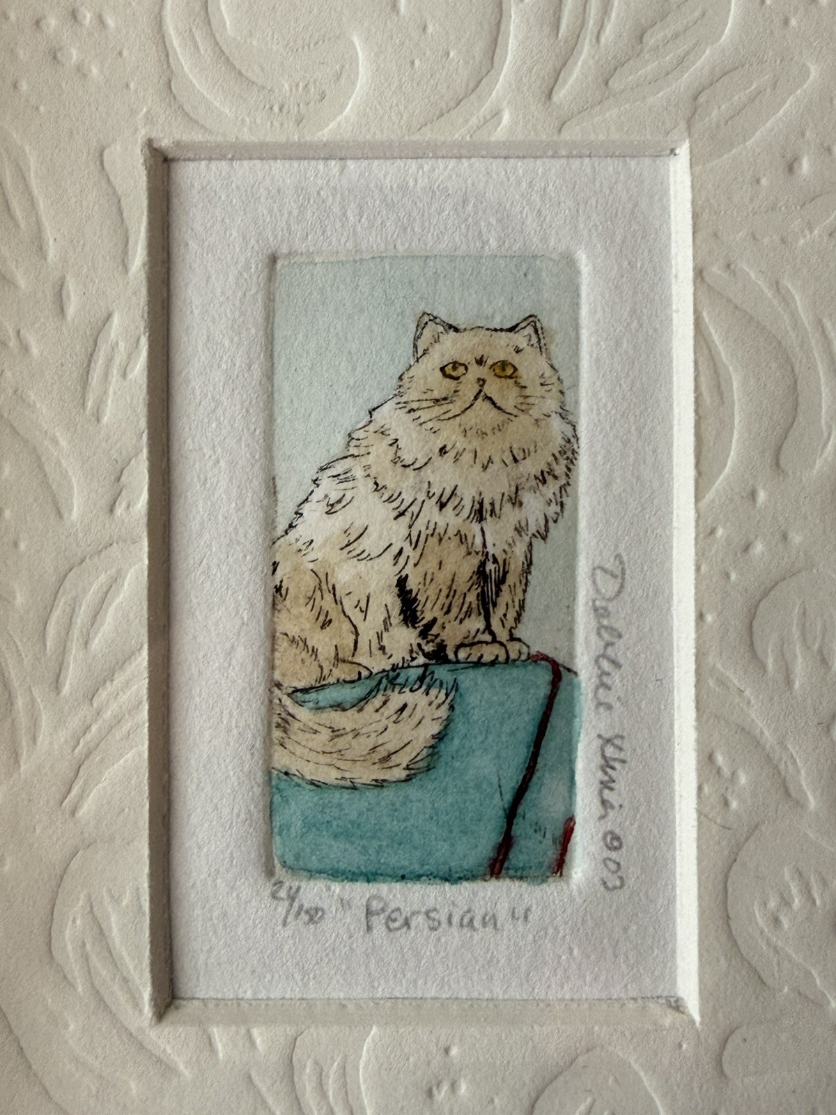 Original Hand Colored Etching With Watercolor Of A Fluffy Cat Titled “Persian”