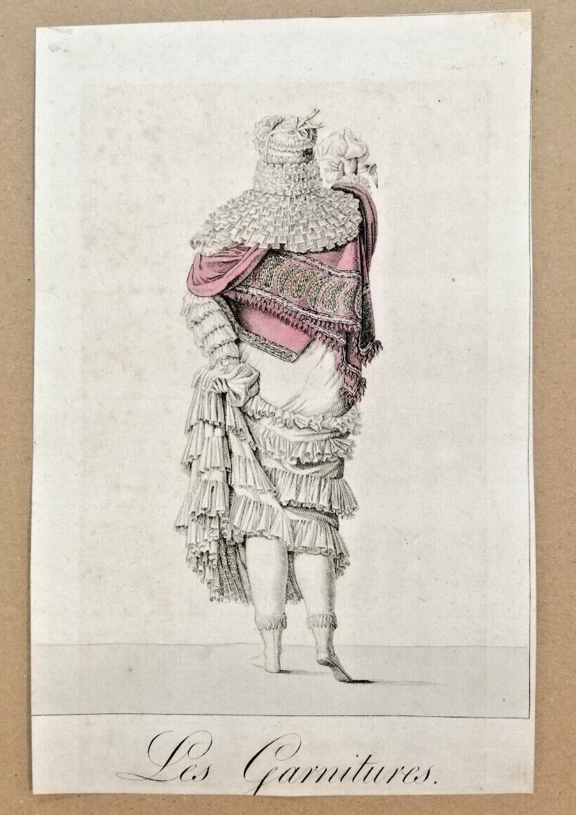 Antique French Fashion Print. “Les Garnitures” Hand Coloured Engraving c.1814