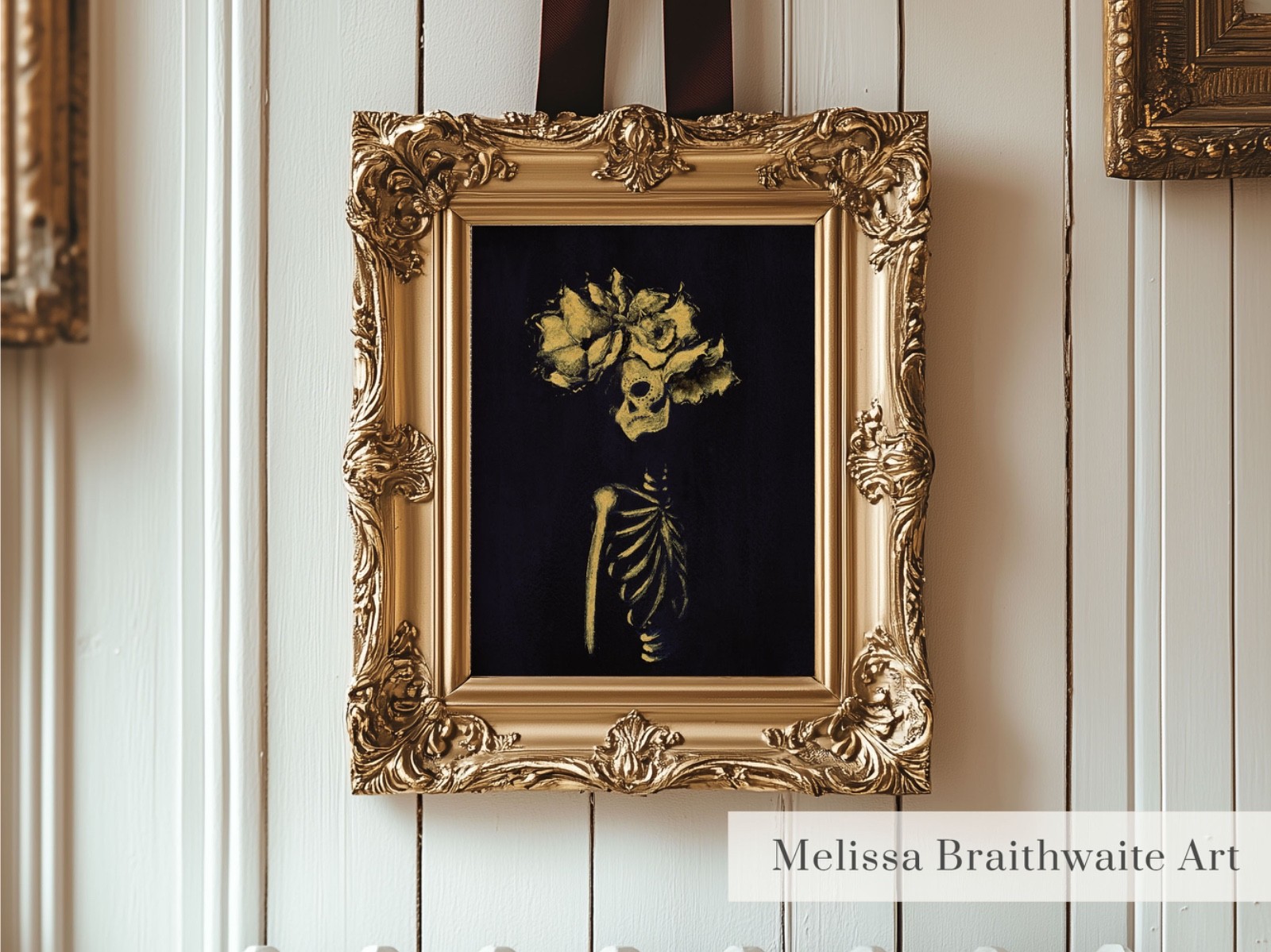 Floral Skull Art Print: Gold Skeleton Crown – Gothic Halloween Decor