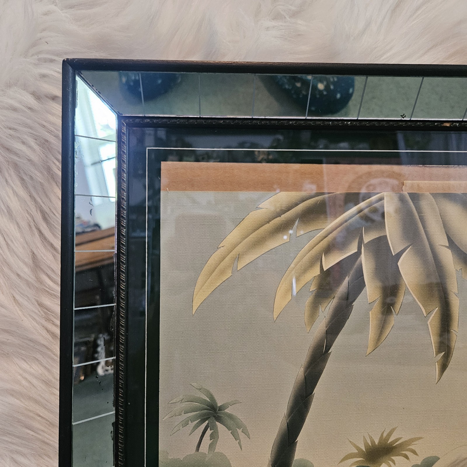 VTG Mid Century Flamingos Lithograph Picture Print by Turner Mirror Frame 32×26″