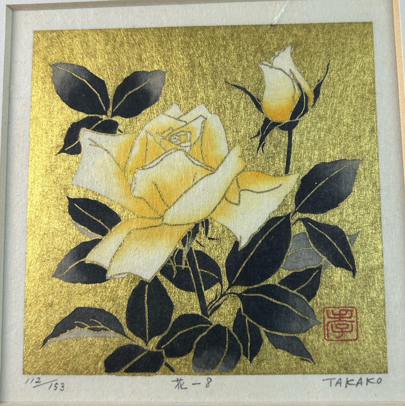 TAKAKO Signed Japanese Woodblock Print Gold Leaf Flower 8 Rose Limited Edition