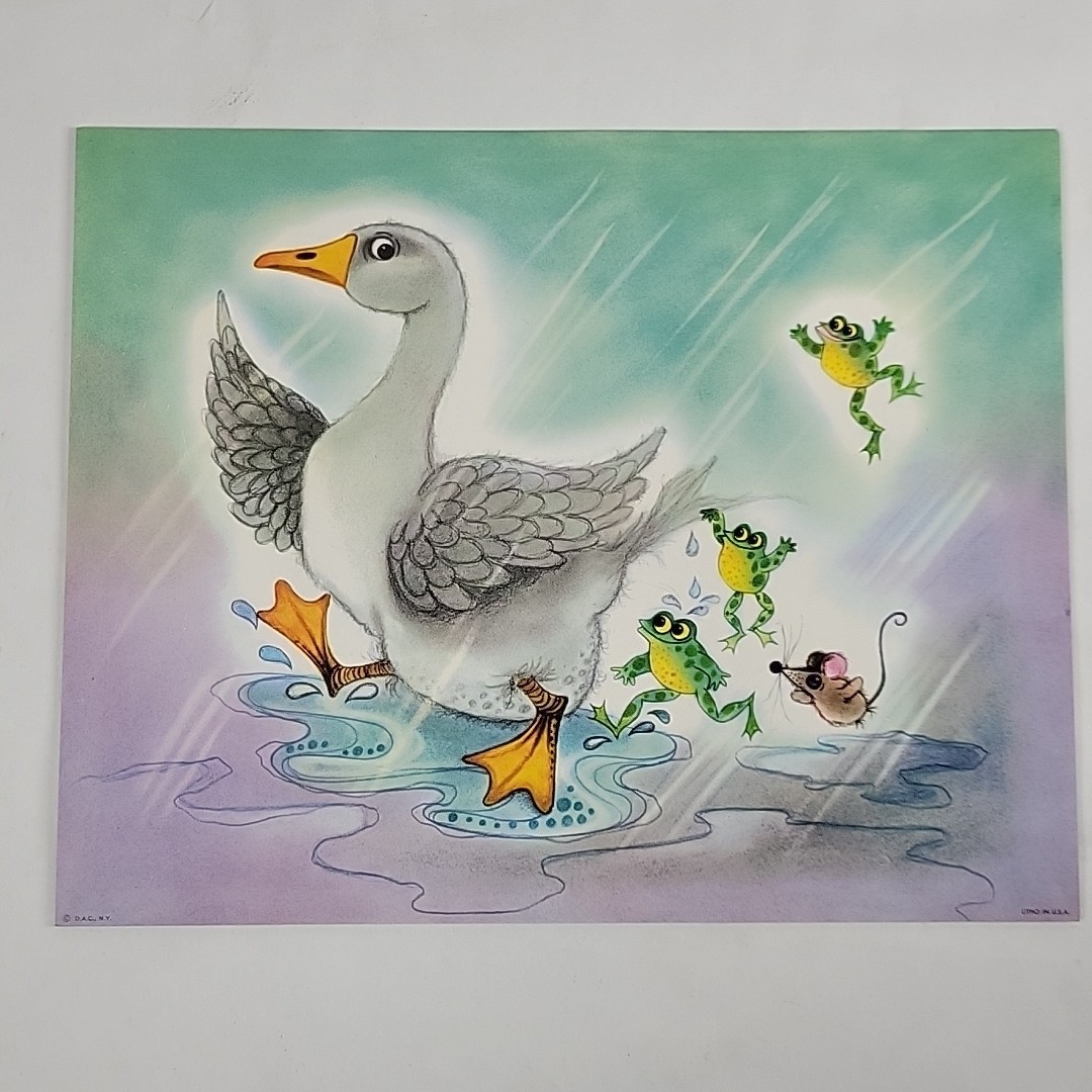 VTG Goose Frogs Mouse Puddle Litho Print Rainy Day NOS George Buckett Graphic