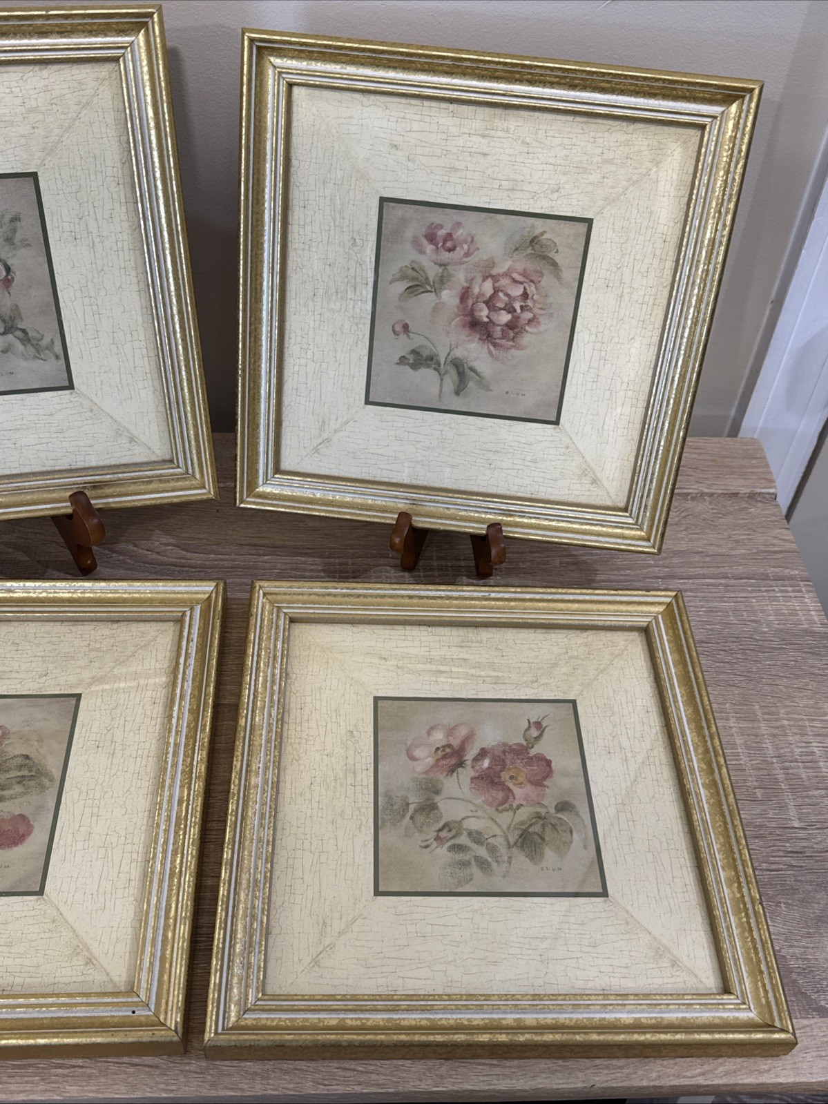 Vintage Cheri Blum Small Gold Framed 9×9” Art Print Floral Rose Flower Set Of 4