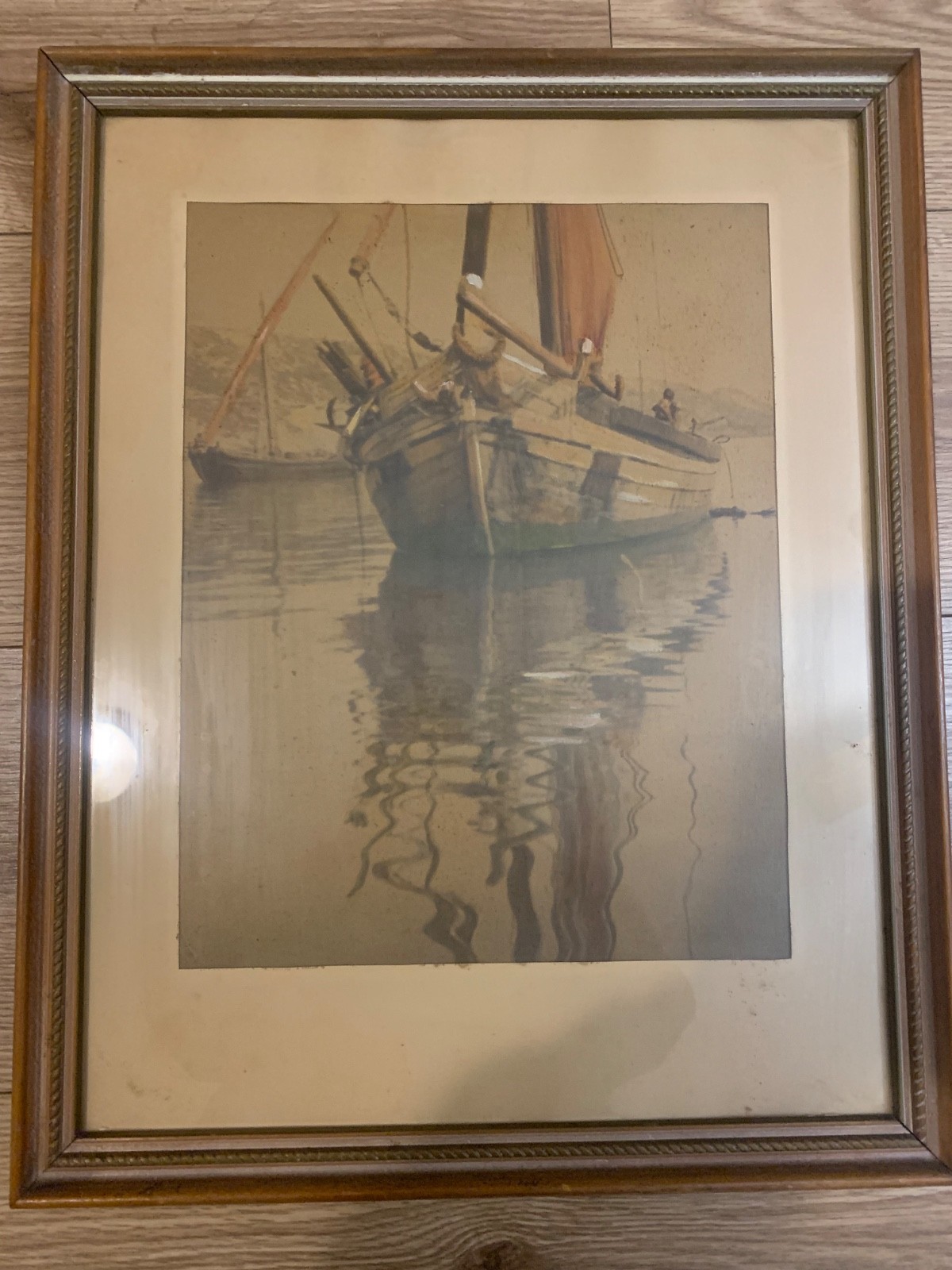 Early 1900s Harbor Mixed Media Sailboat Scene Pastel & Paint Framed Art