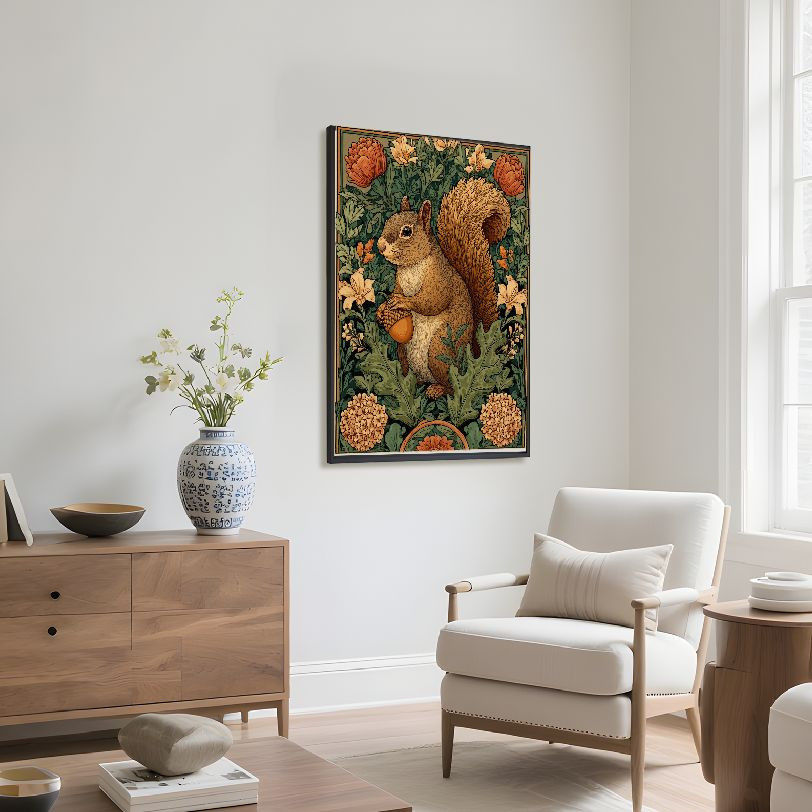 Vintage Arts and Crafts Squirrel Floral Framed Wall Art Botanical Decor
