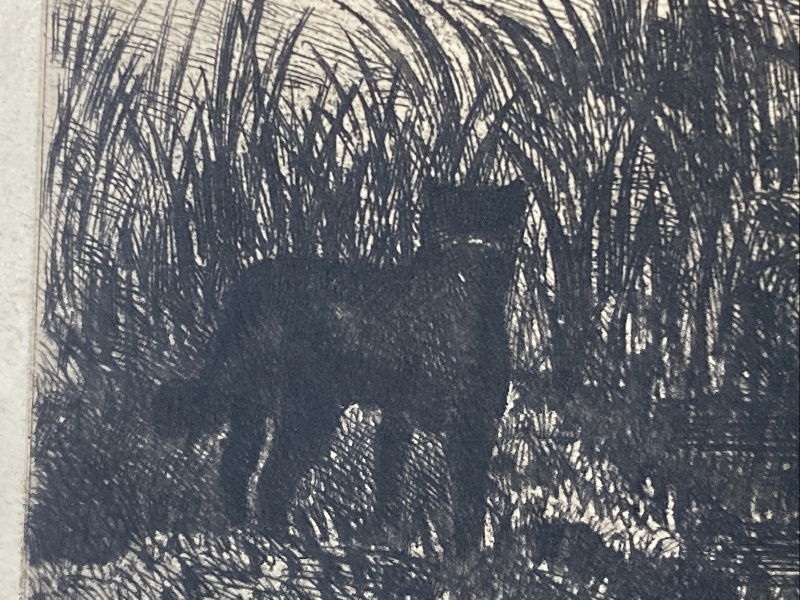 Constant Troyon Etching Richly Inked Three Cows, Man Resting Signed In Image