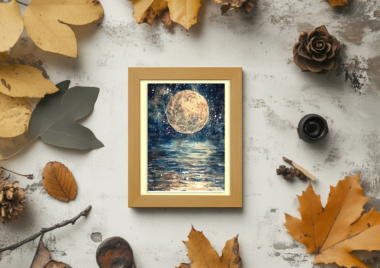 Radiant Full Moon 5″x7″ Print on Matte Paper | Celestial Watercolor Scene
