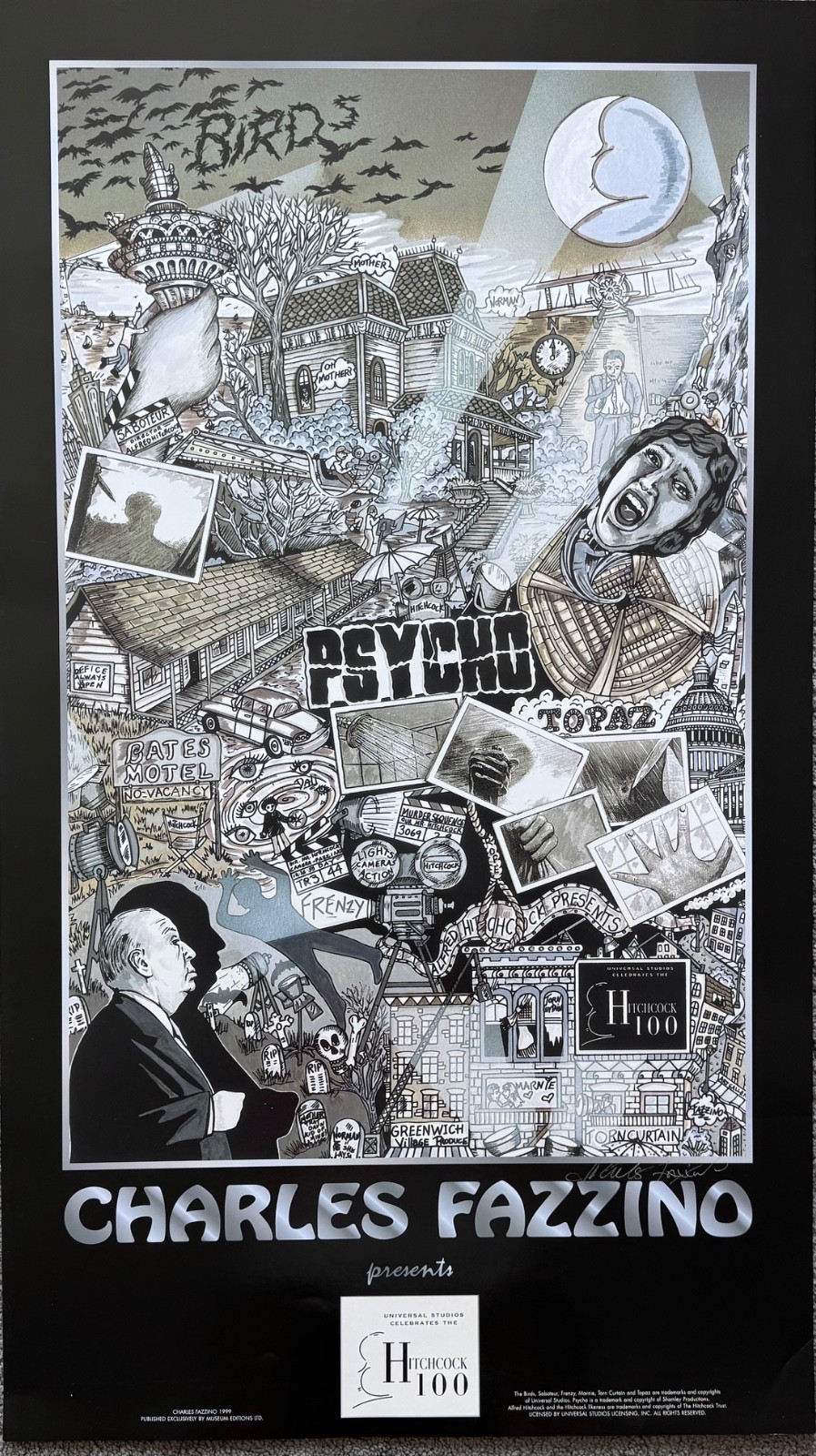 Charles Fazzino HITCHCOCK Hand Signed Poster Psycho The Birds Topaz Torn Curtain
