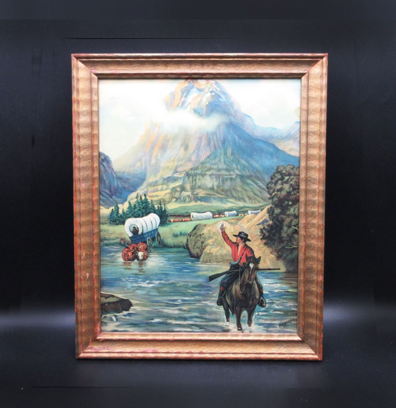 Vintage J.B Burgess Western Covered Wagons Landscape Vintage Framed Print Signed