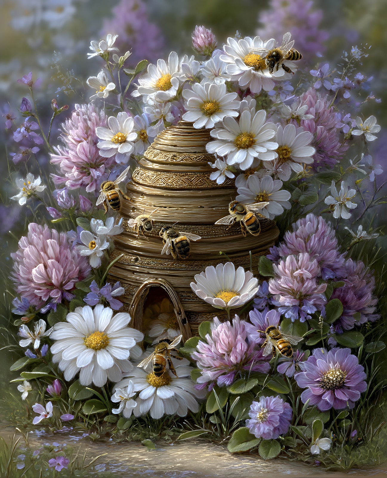 8×10 Cozy Storybook Bee Hive and Flowers Art Print Cottagecore – 347516593