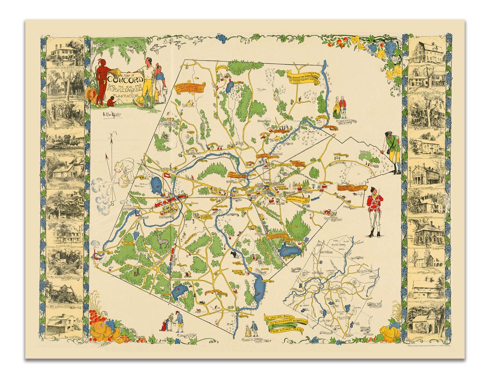 Vintage Concord Massachusetts Pictorial Map Poster – Historic Revolutionary War