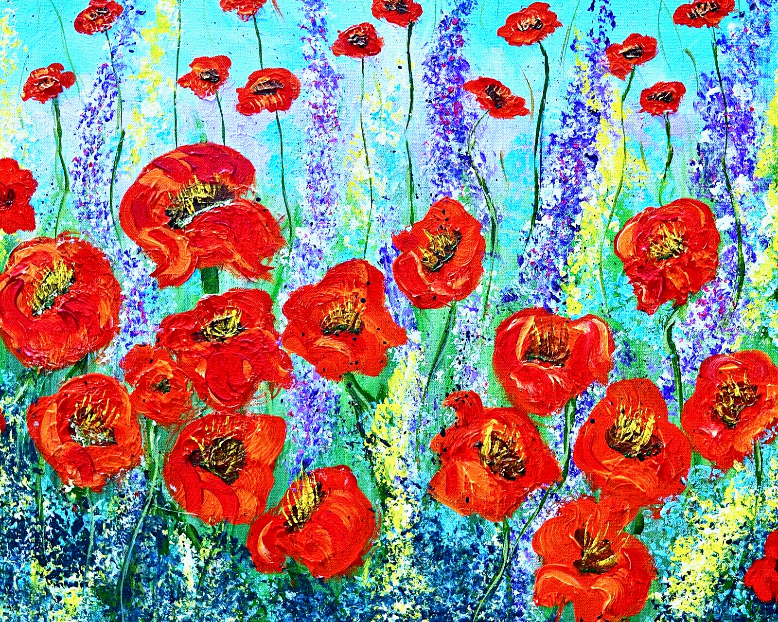 Poppy flower field tiny landscape 2.5×3.5 ACEO red lavender and yellow blooms