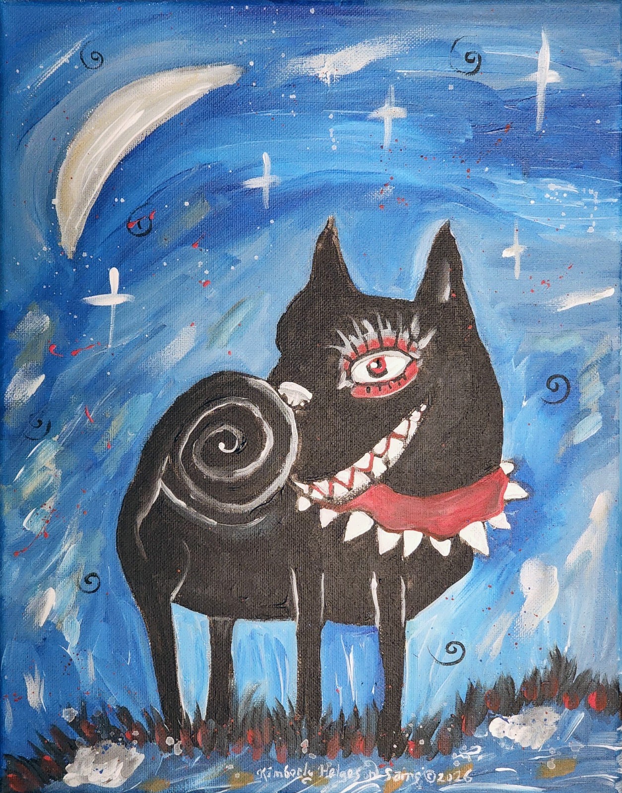 Black NIGHT DOG Abstract Folk Art Print 5 x 7 Signed by Artist KSams Outsider