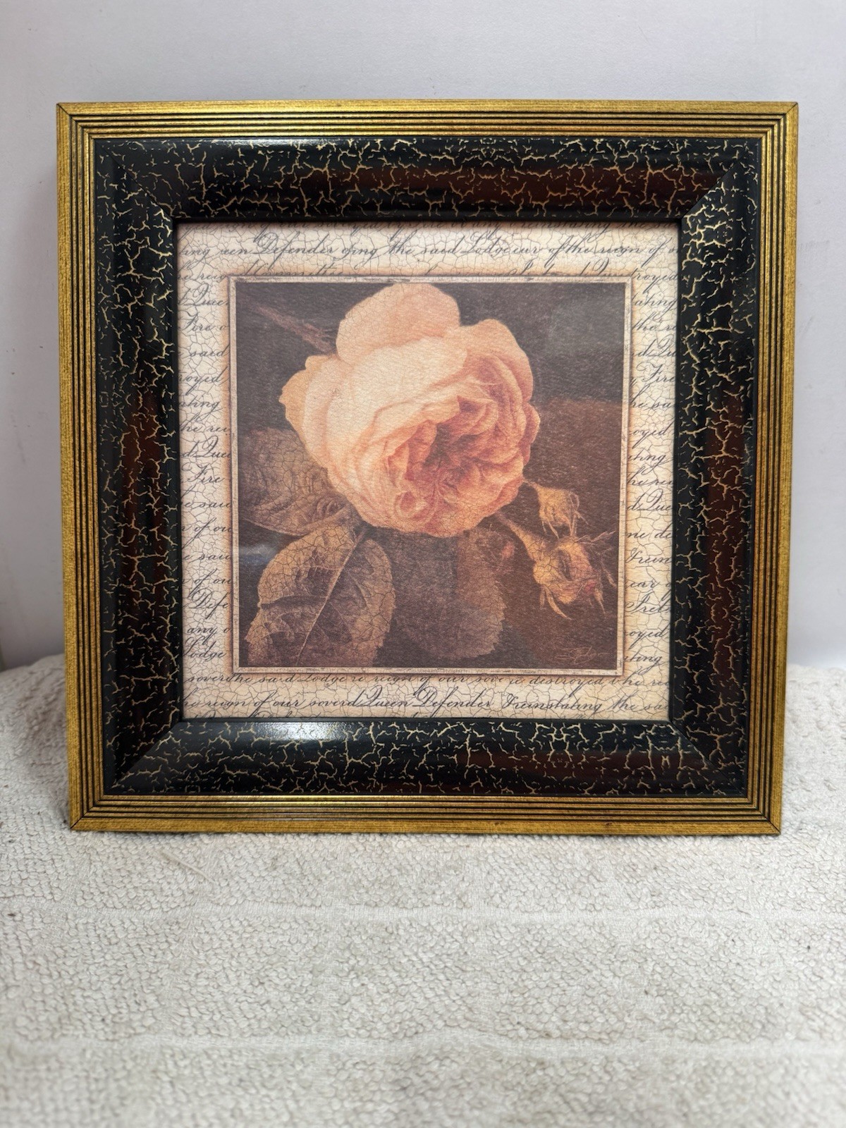 Sid Dickens Ancient Rose Print Cracked Finish Black Gold Frame 23cm Square