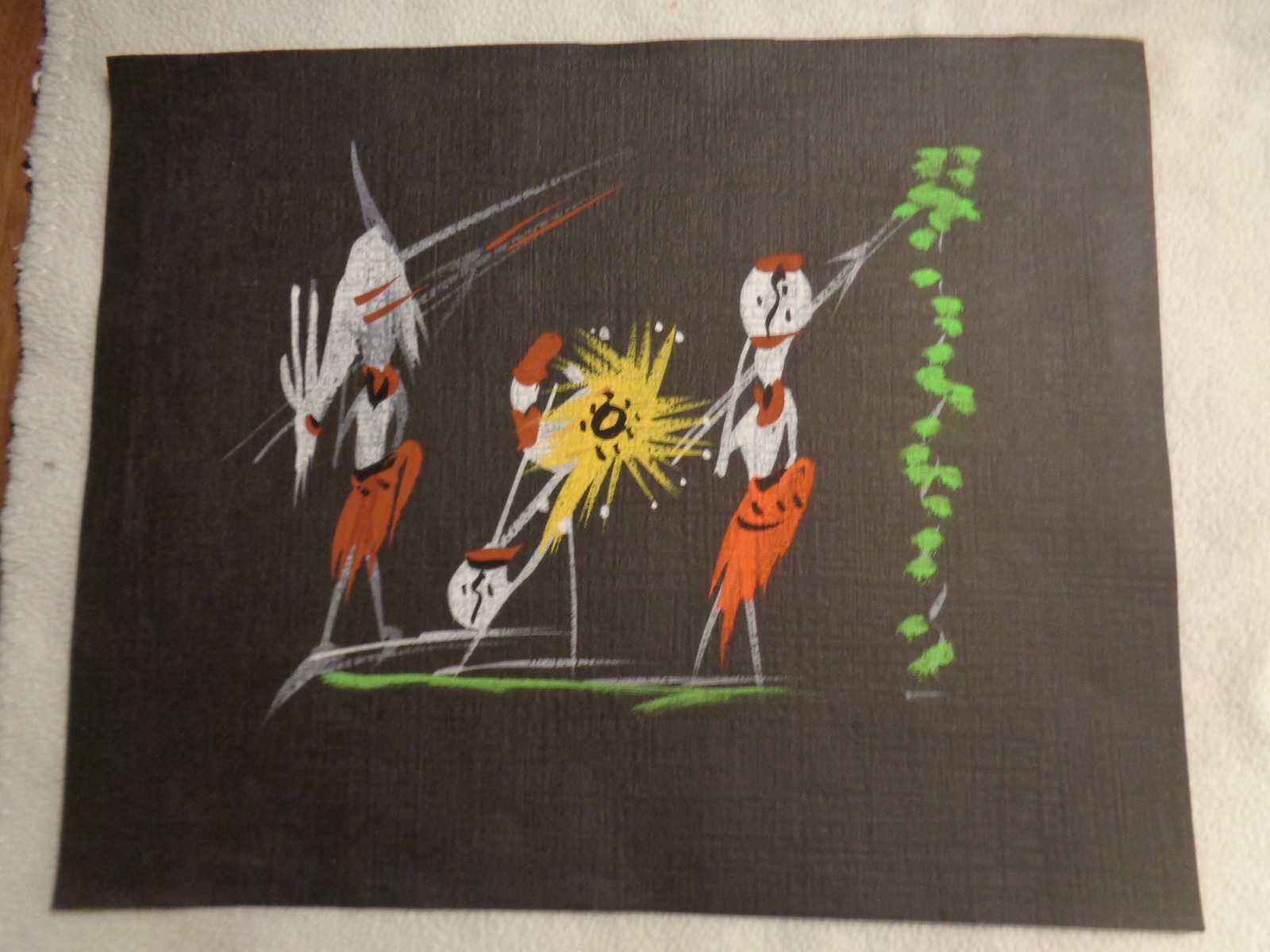 Vintage MCM Era 12 3/4 x 10 1/4 in. African Print on Black Textured Paper