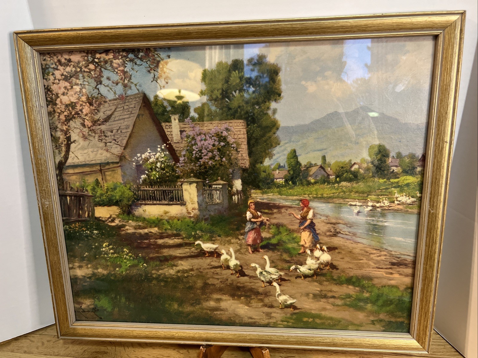 VTG Country Pastoral Landscape Print 21.5×17.5 Geese River Gold Washed Frame