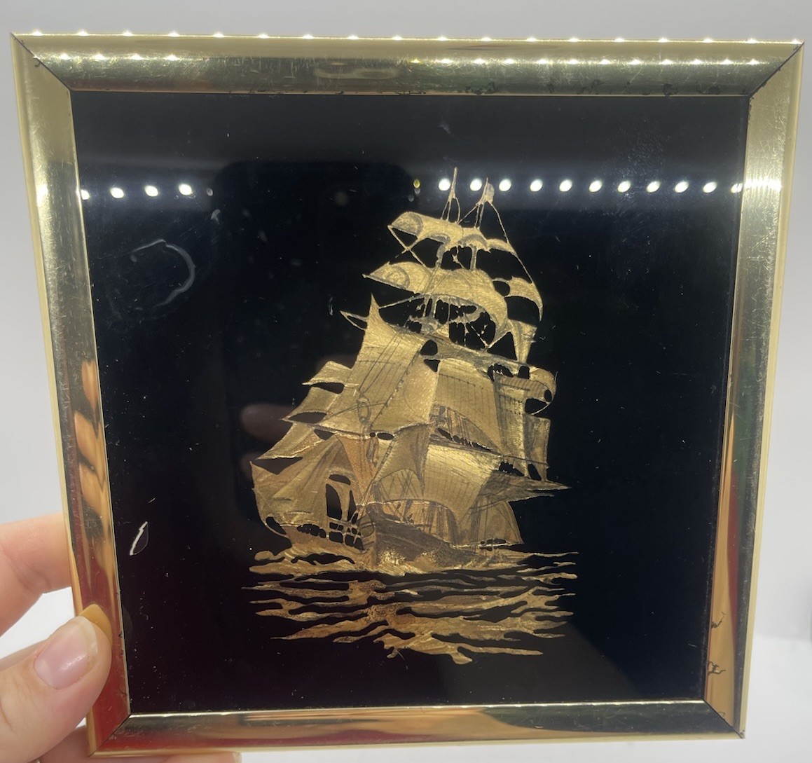 VTG Kafka Industries Gold Foil Art Etching Sailboat Ship Framed Pictures 1982 6”