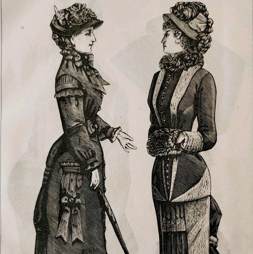 1881 Wood Engraving Winter Walking Dress Victorian Fashion Umbrella DWQQ19