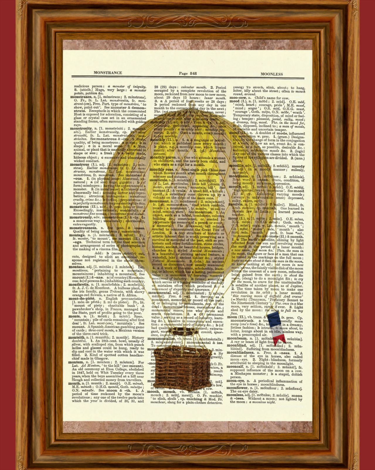 Vintage Retro Hot Air Balloon Dictionary Curious Art Print Poster Picture Yellow