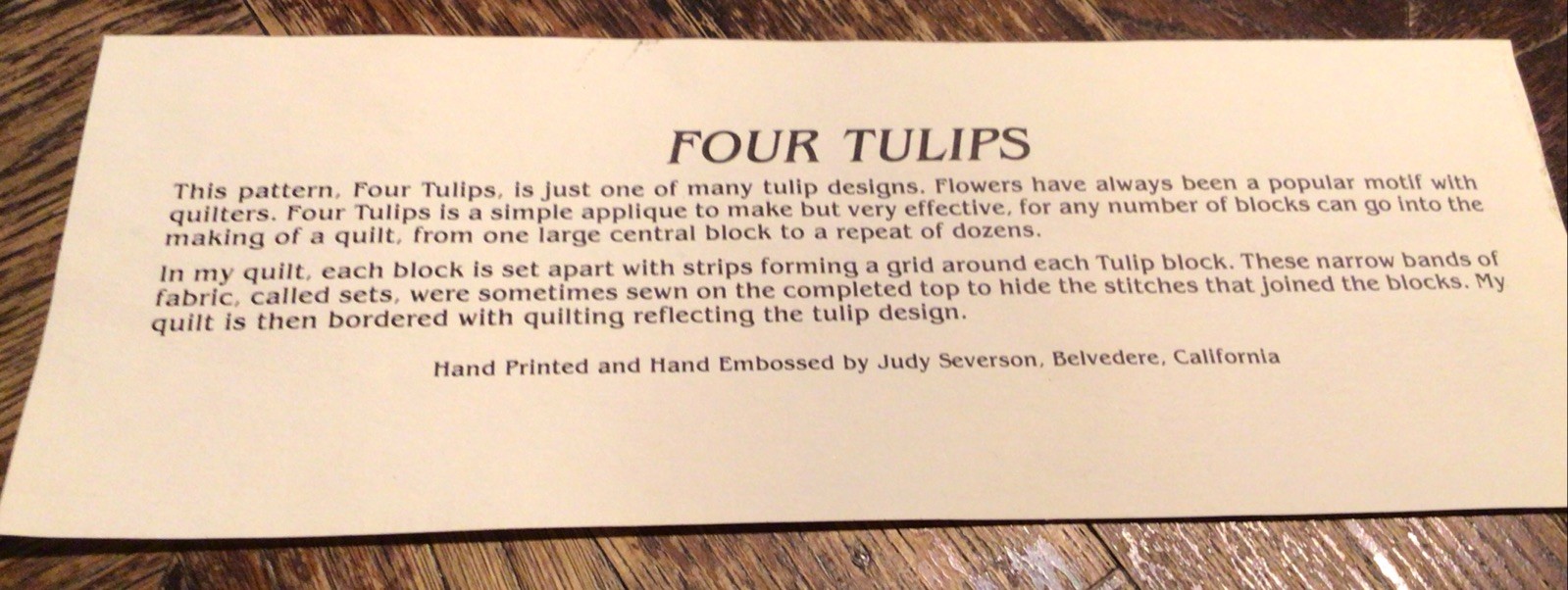 Vintage California Artist JUDY SEVERSON Embossed Quilt PRINT “Four Tulips” folk