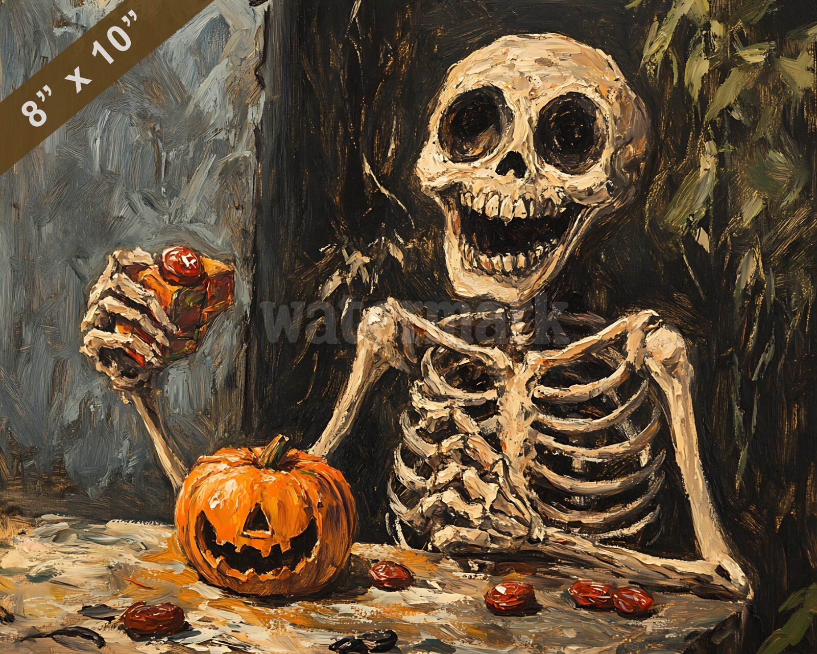 Halloween skeleton in a silly game oil painting 8×10 Print