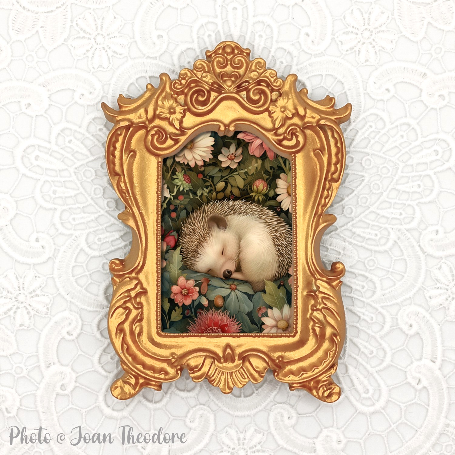 Sleeping Hedgehog and Flowers, Mini Art Print in Gold Vintage Style Ornate Frame