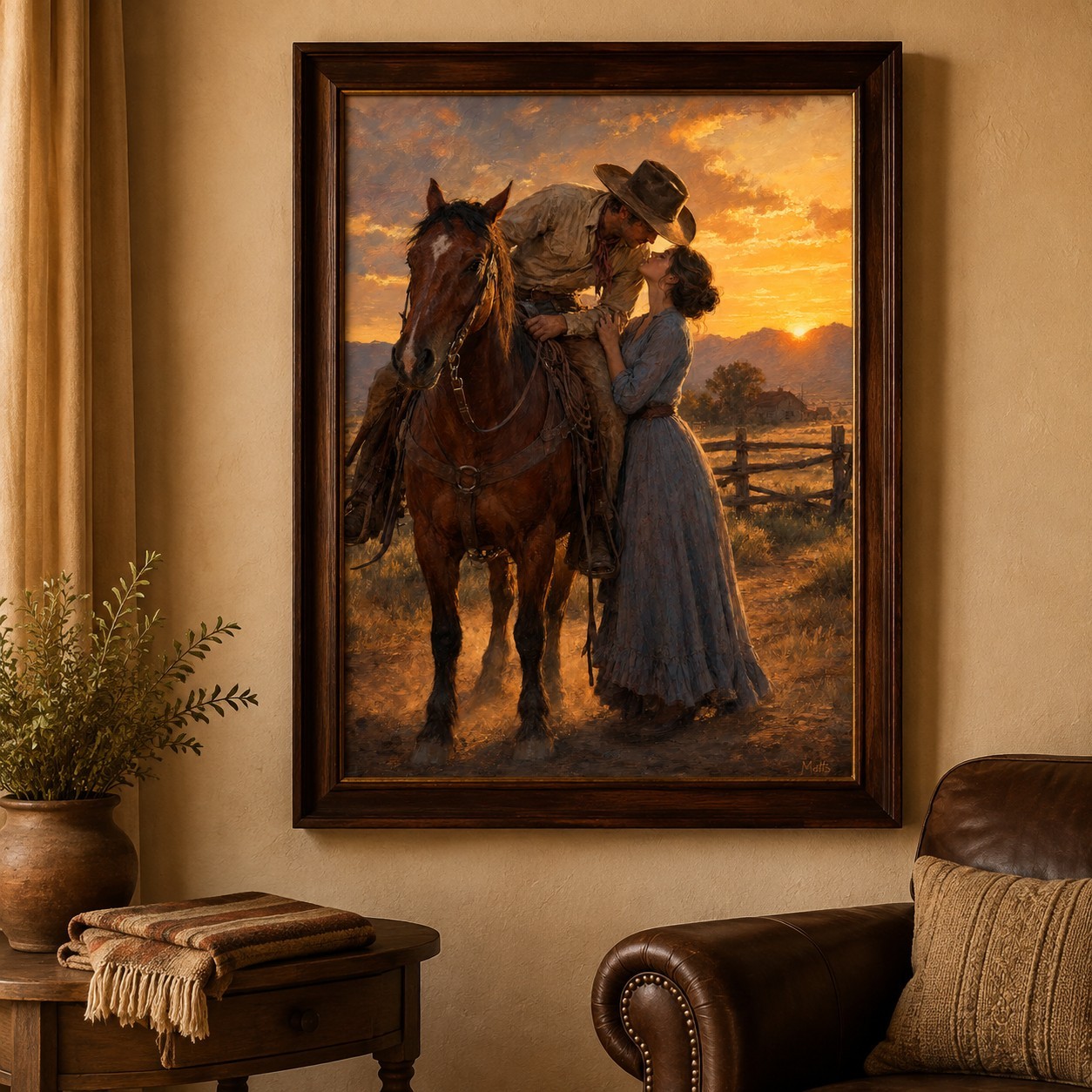 18×24 Cowboy Romance Art Print Home Before Sundown Western Horse