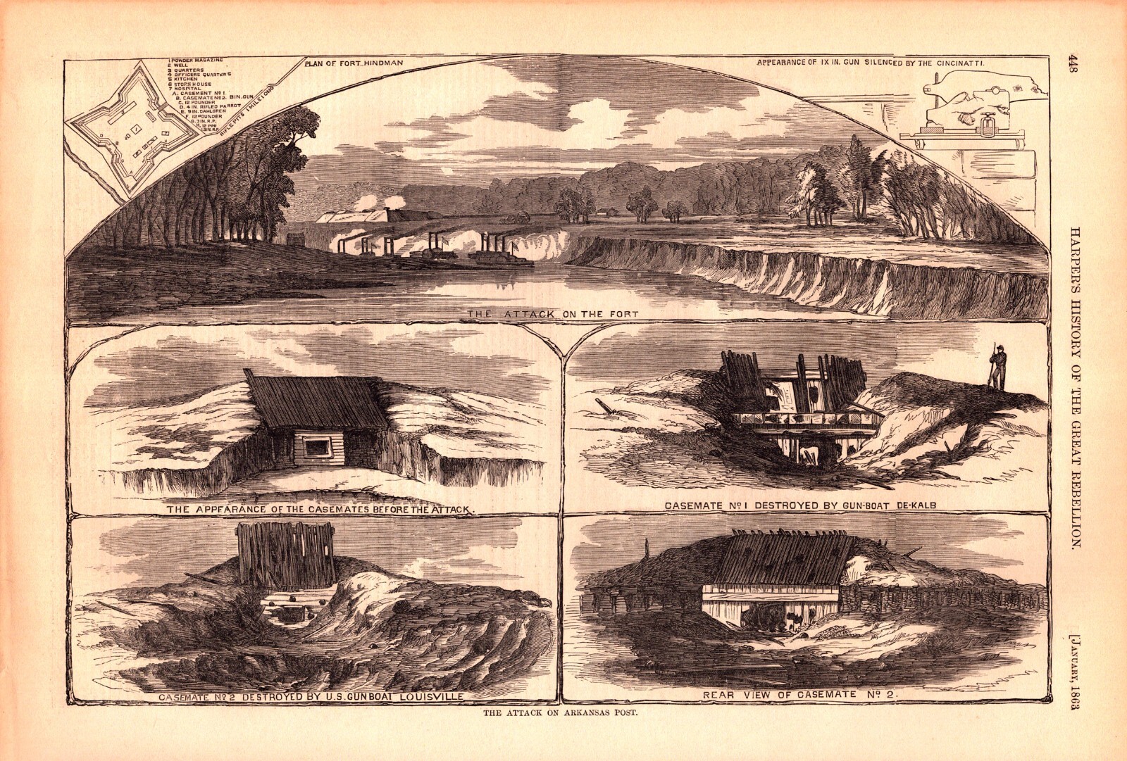 “THE ATTACK ON ARKANSAS POST” Antique Civil War engraving 1863