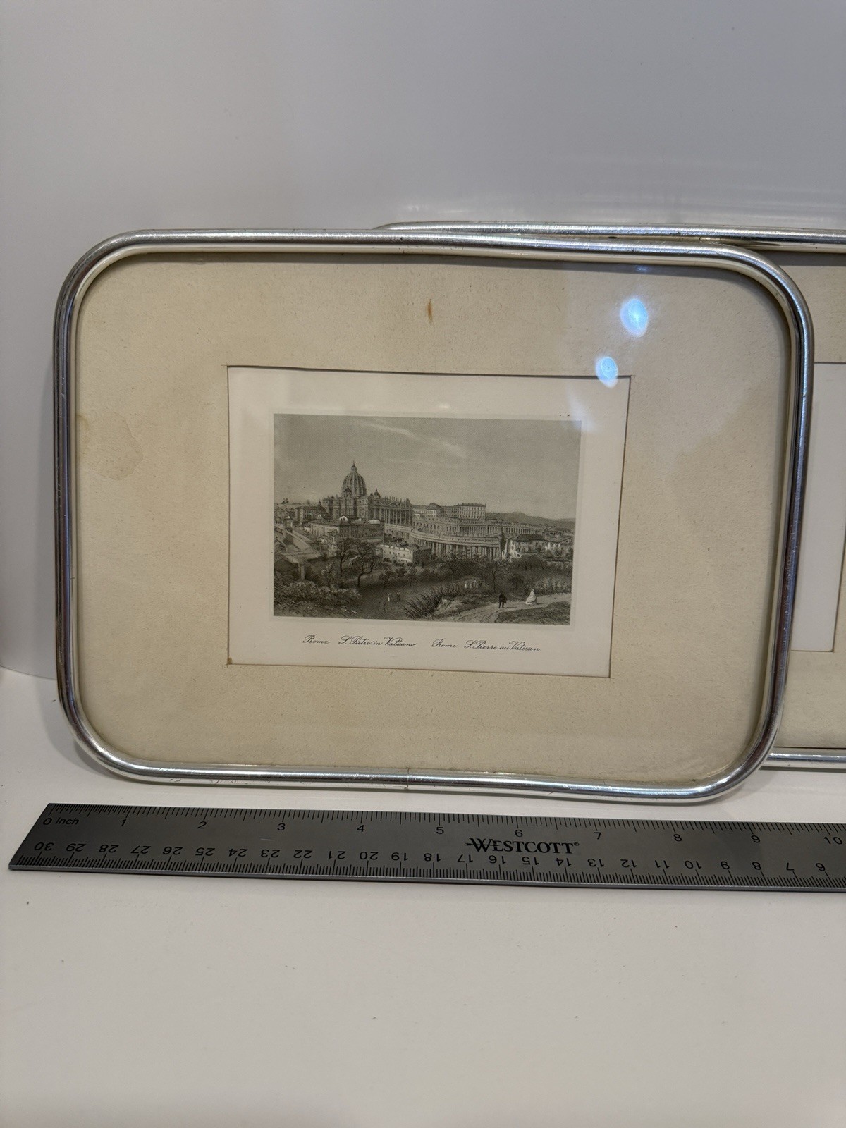 2 Rome Prints In Rounded Corner Aluminum (?) Frames Behind Glass Wood Backing
