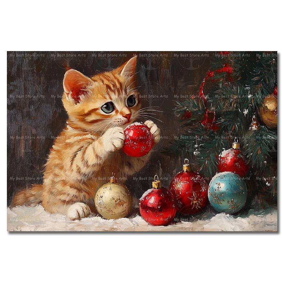 Orange Kitten Art Print, Christmas Ornament Cat Poster, Playful Decor