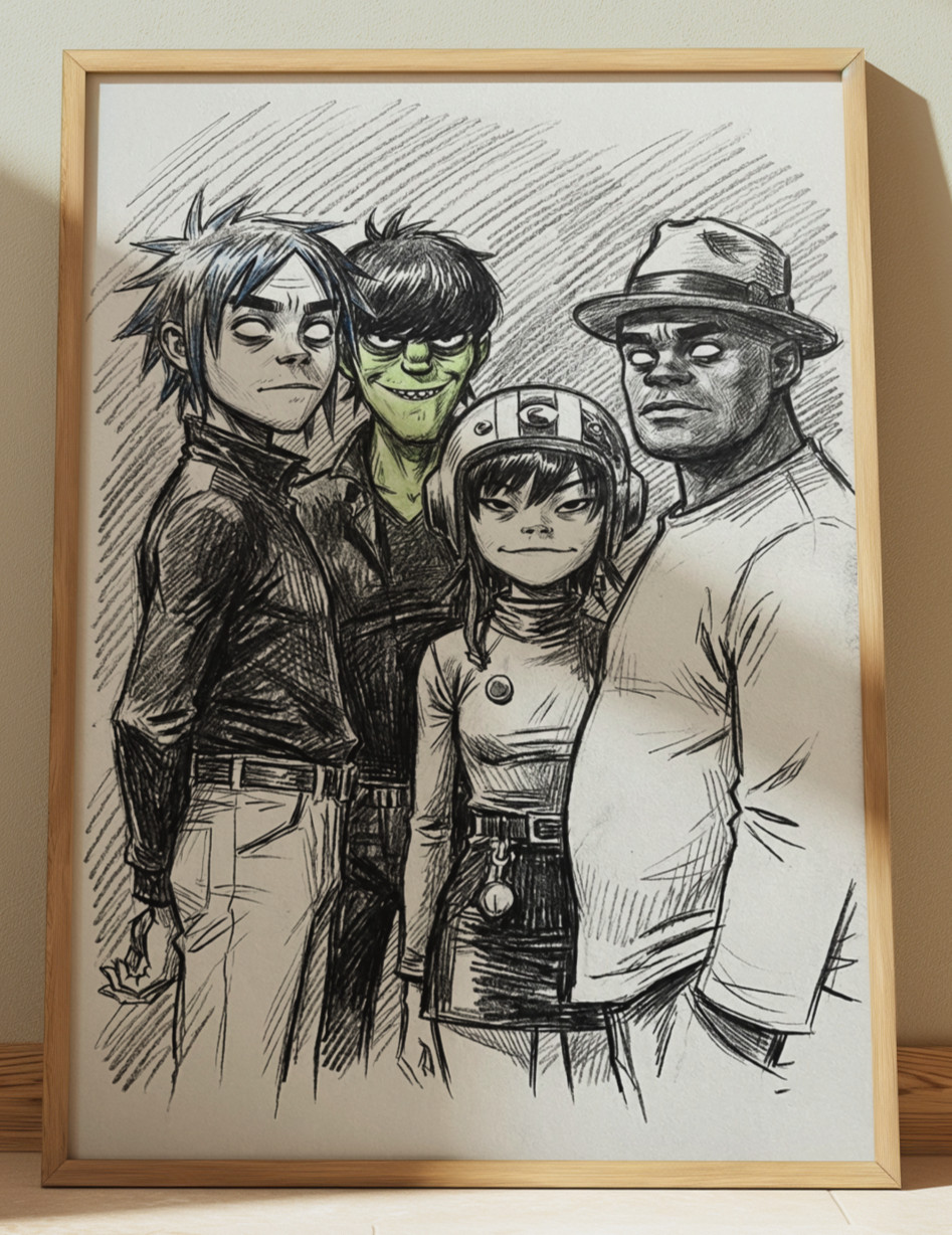 GORILLAZ DRAWING PRINT GROUP PORTRAIT SKETCH 8″ x 10″ GORILLAZ WALL ART