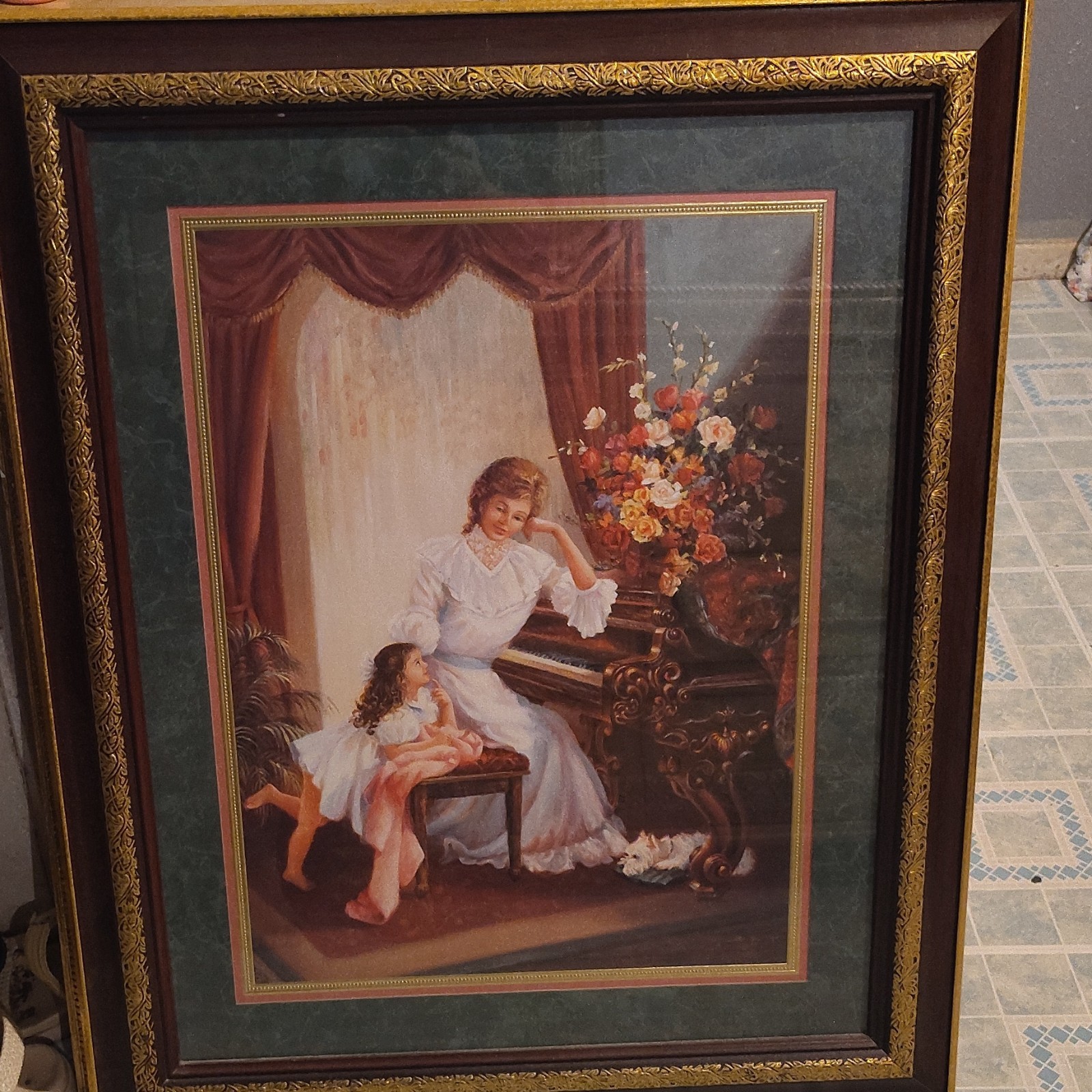 Matted & Framed Portrait Art Print Woman & Child at Piano with Flowers, Single