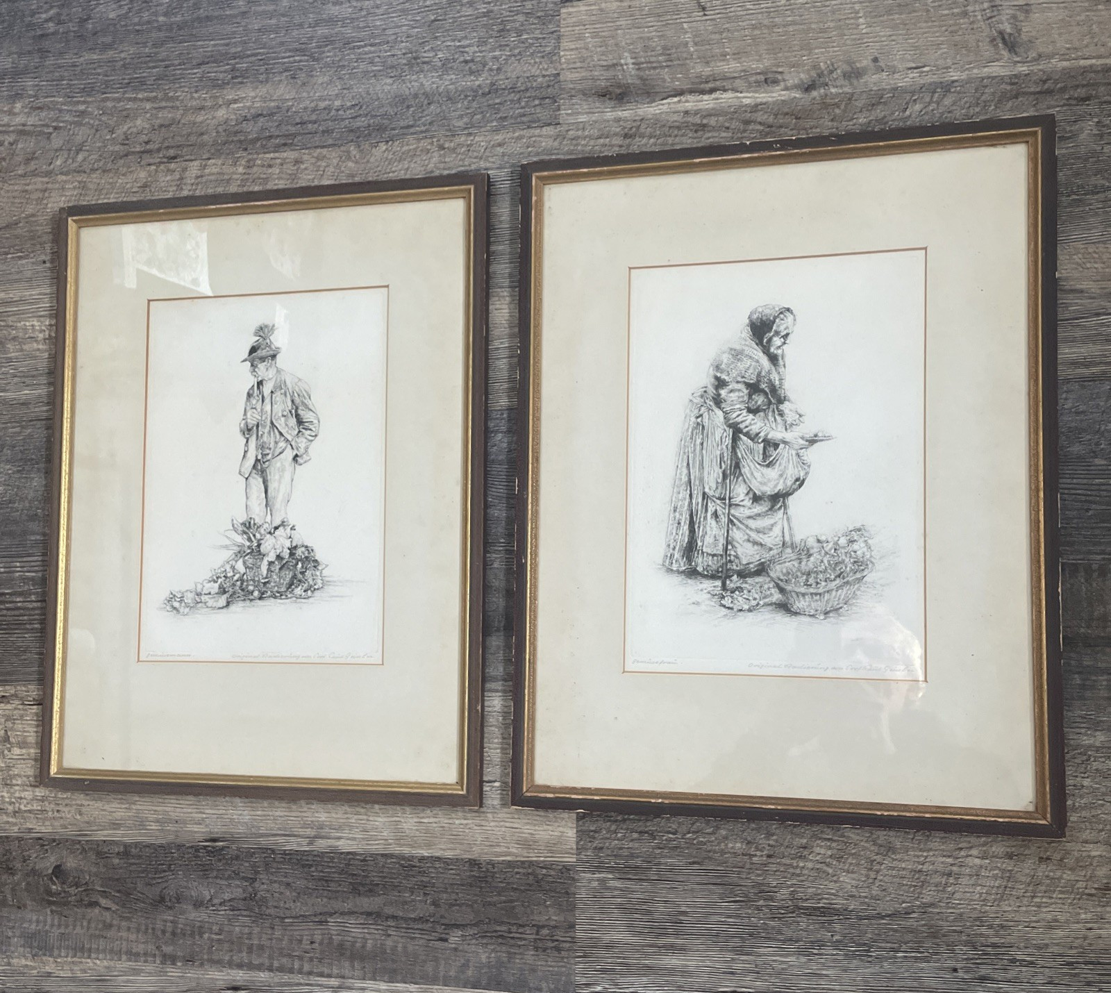 Paul Geissler, Gemuse Frau/Vegetable Seller, Original Etchings, One Pair Framed