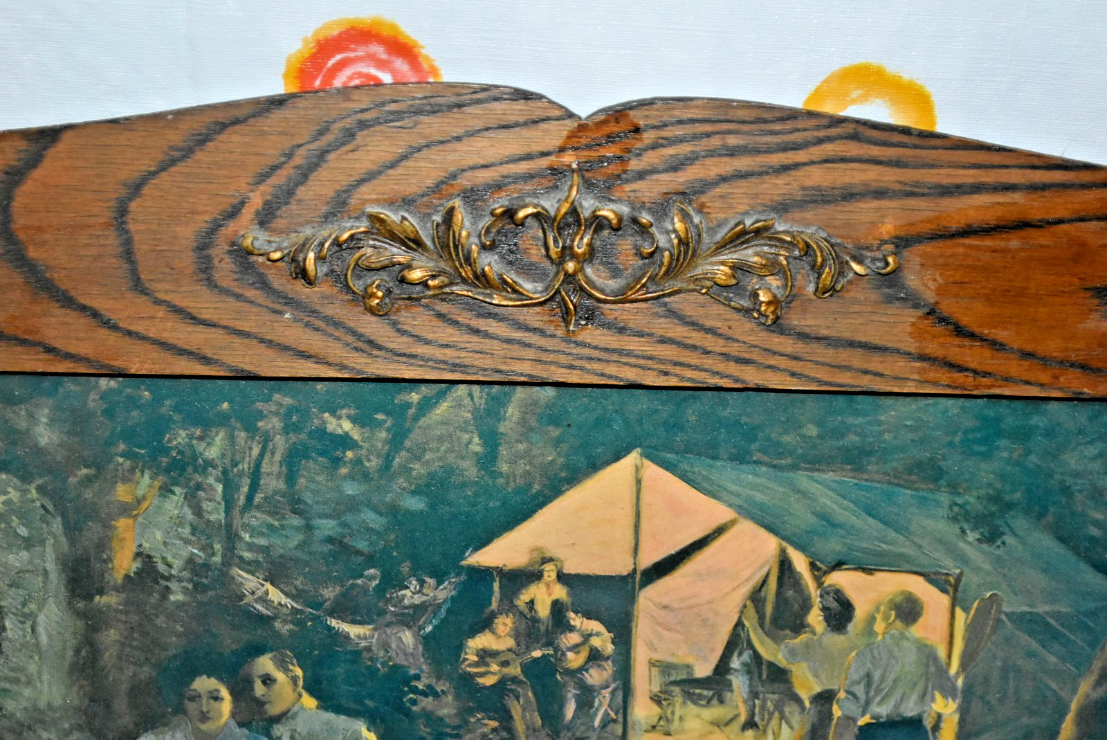 VINTAGE wooden FRAME 29 1/2″ X 15 1/2″ Triple camping Primitive PRINT PICTURE