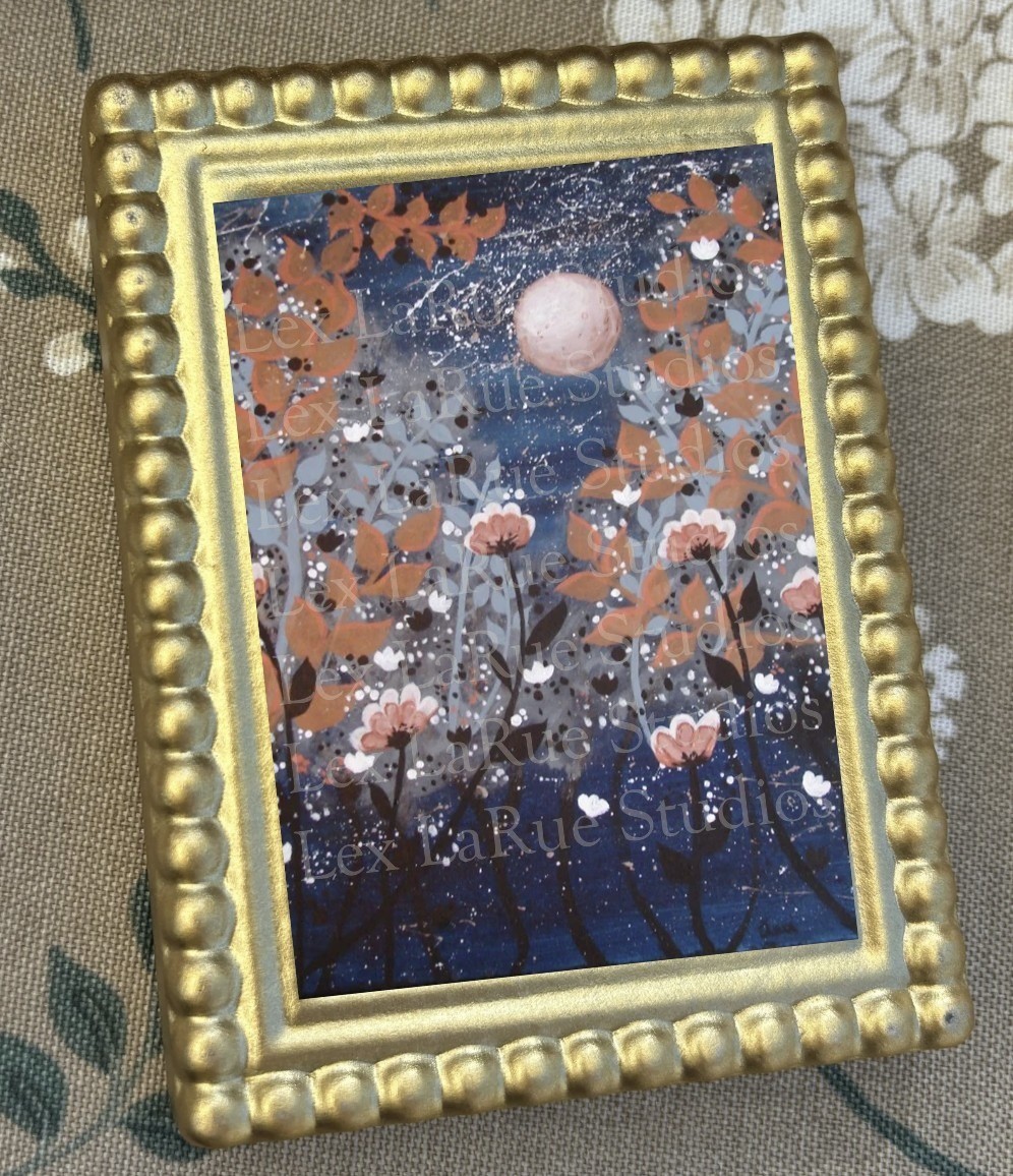 ACEO Dark Floral Moonlit Garden with Orange & Pink Flowers 2.5×3.5 in. SIGNED