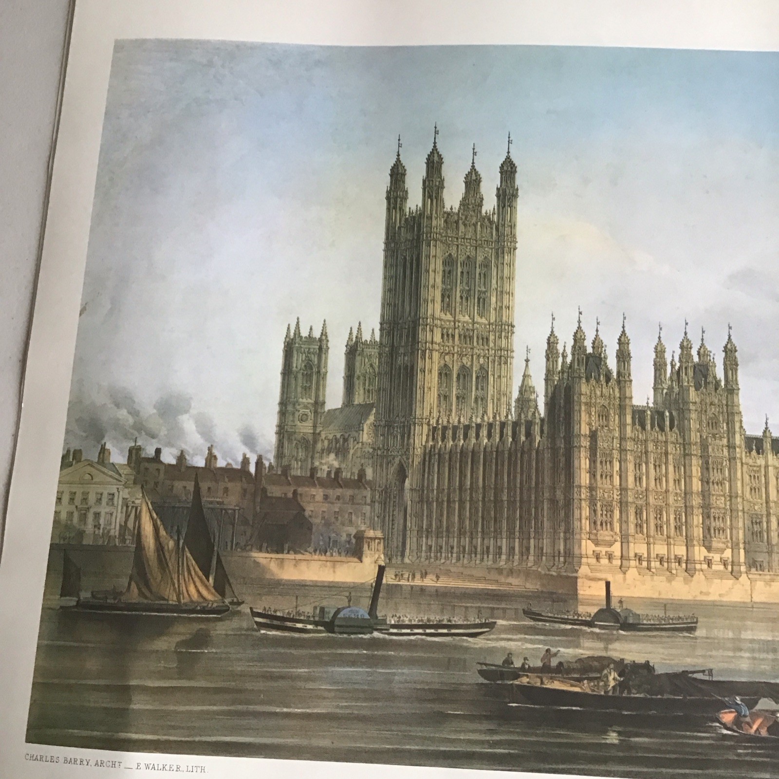 A LARGE ANTIQUE PRINT OF THE NEW PALACE OF WESTMINSTER LONDON