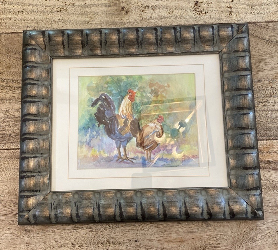 Original ROOSTER WATERCOLOR PAINTING Foul Friends Art Signed Carol Myers