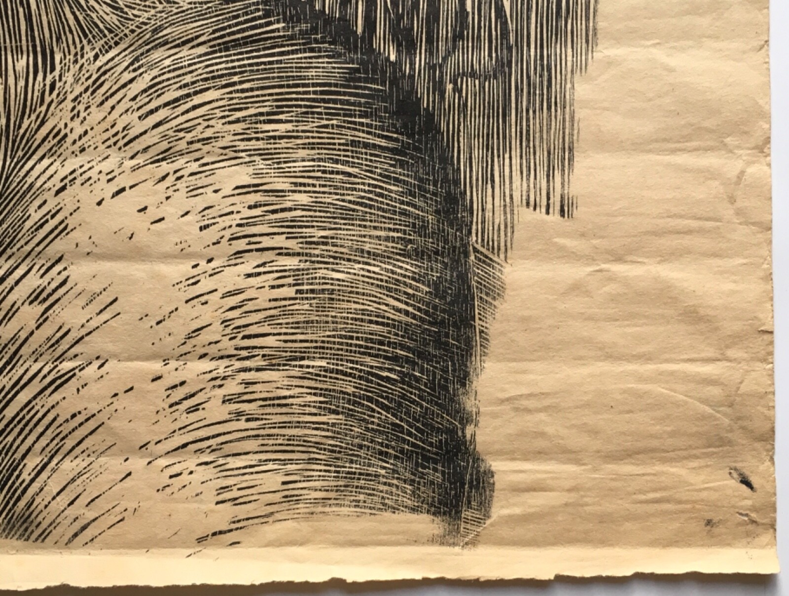 c1960s Modernist Linocut Woodblock Print Long Hair Man Mustache Eyes Portrait