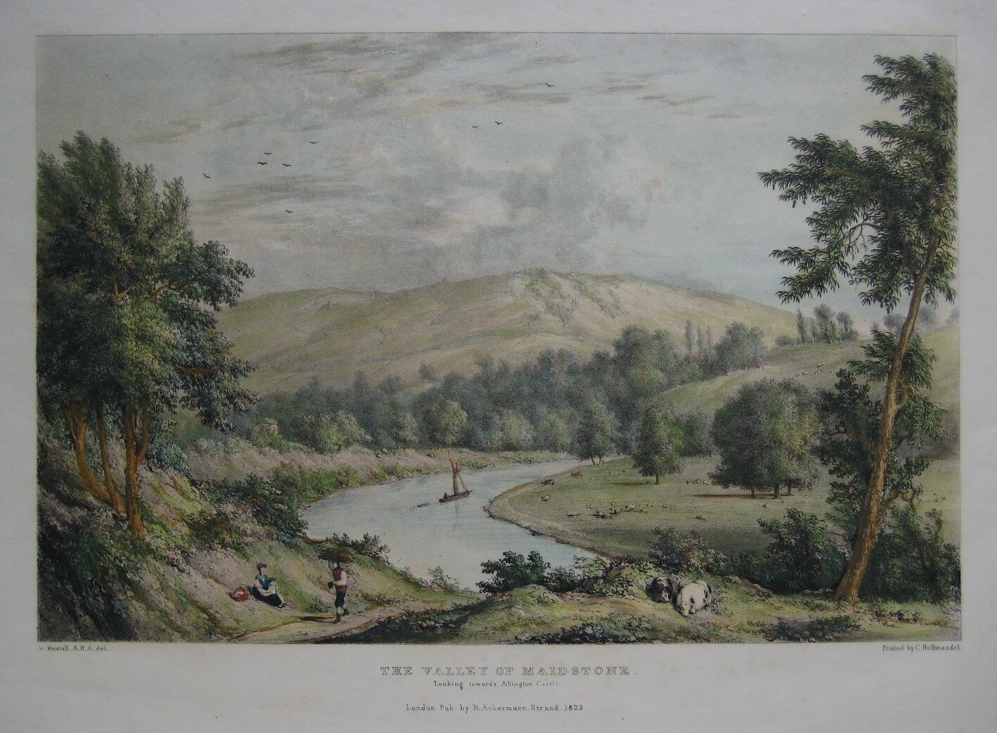 Original 1823 Color Lithograph MAIDSTONE VALLEY Kent England Castle Hullmandel