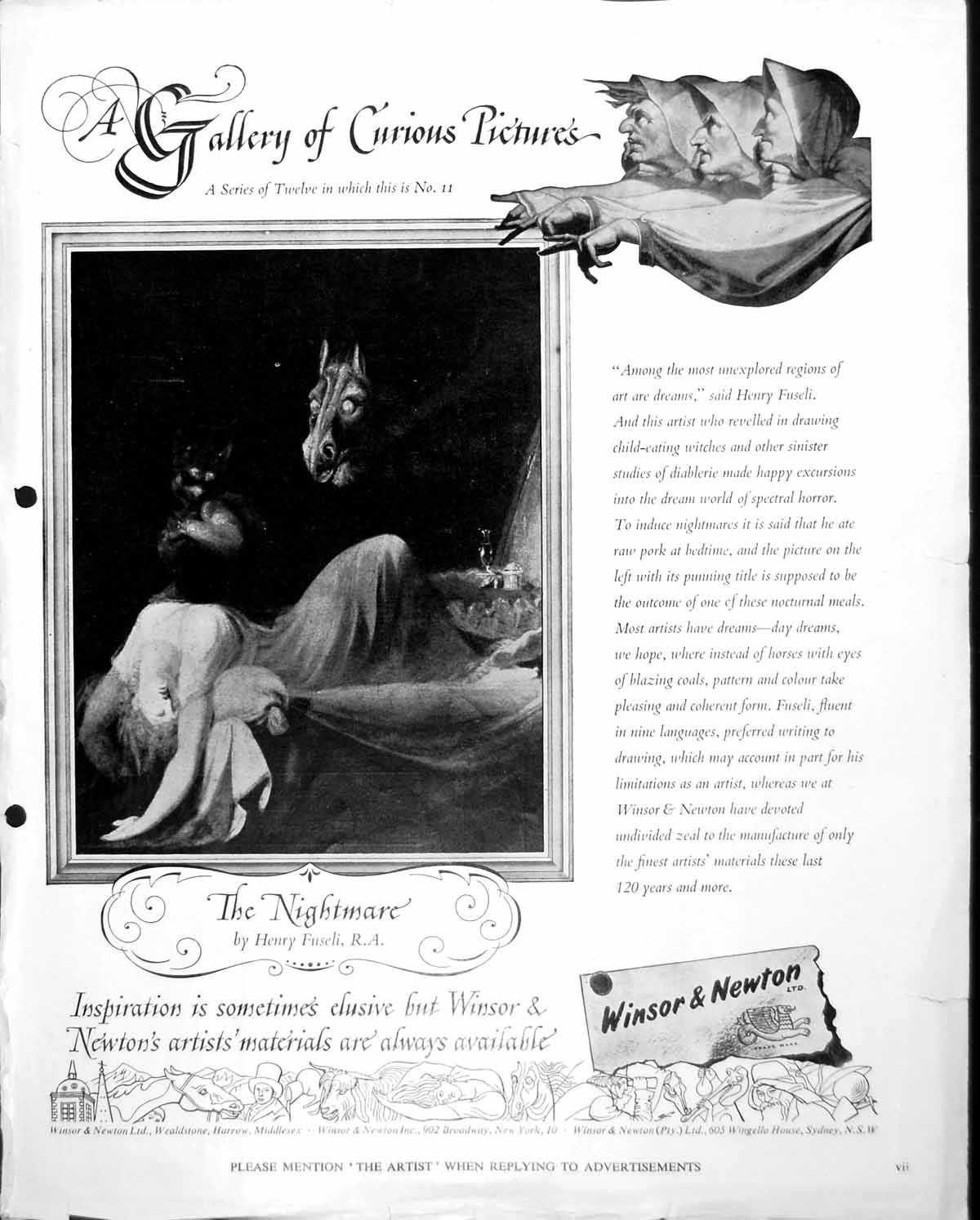 Antique Print The Nightmare Henry Fuseli Lady Draped Over Bed Animals C1952