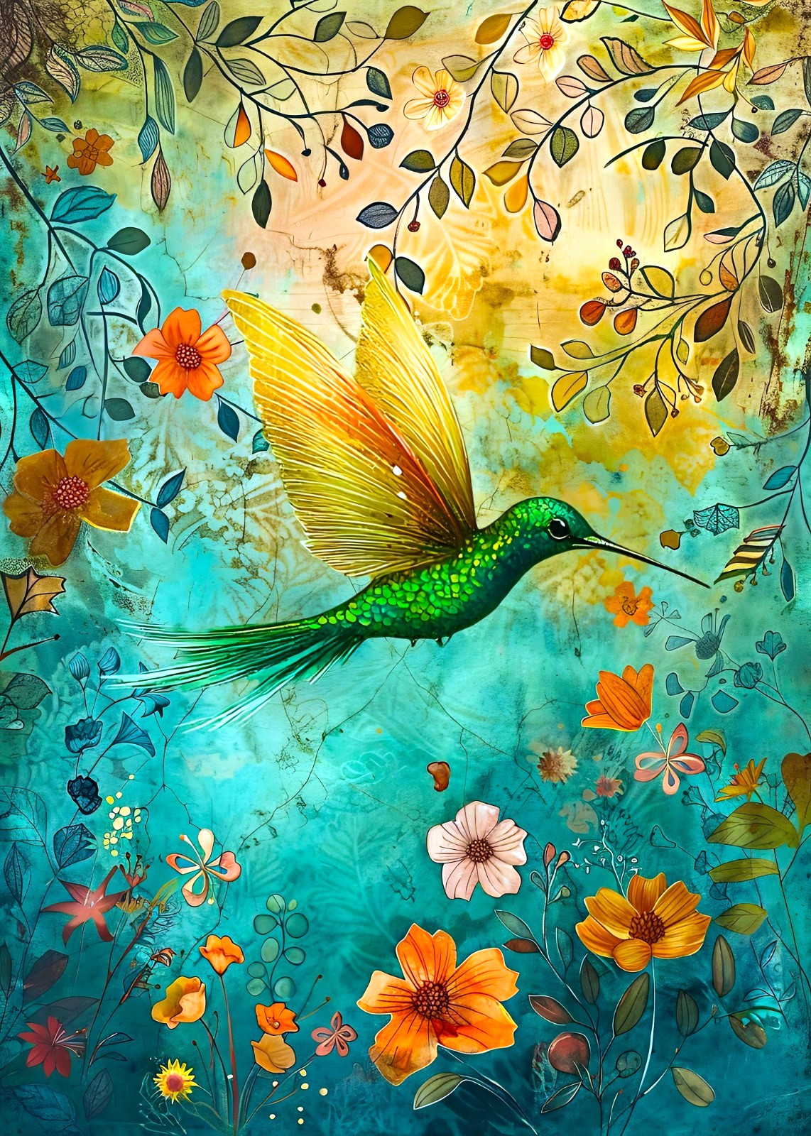Hummingbird Aceo – 3.5×2.5 Artist Trading Card, Miniature Art Teal Colors
