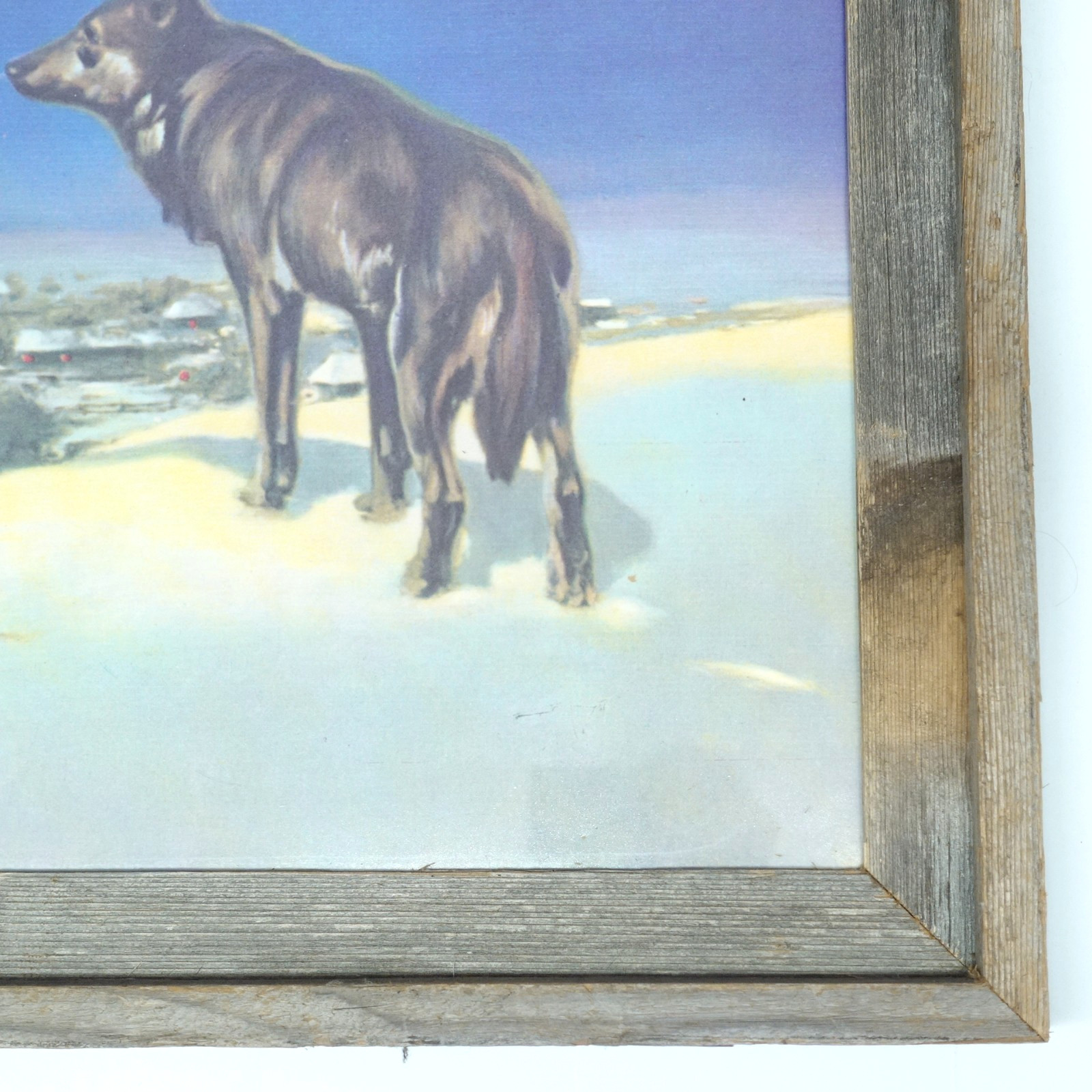 Vintage Lone Wolf Print Victor Kowalski Rustic Barn Wood Frame Winter 23” X 19”