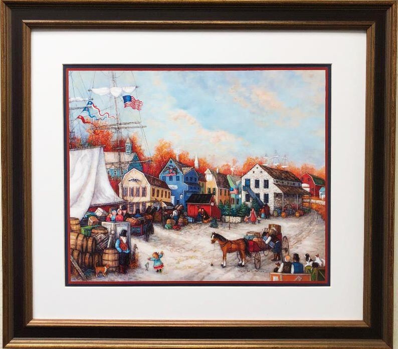 Linda Nelson Stocks “Fall on Harbor” FRAMED Art Americana Nautical Village USA