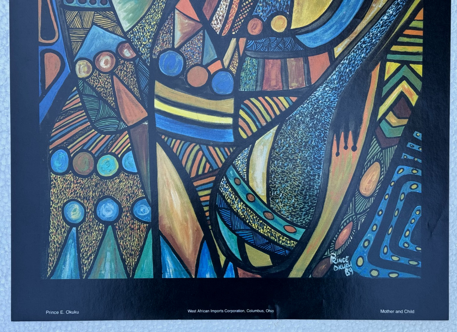 PRINCE OKUKU LITHOGRAPH PRINT BLACK AFRICAN MOTHER WITH CHILD ABSTRACT FIGURES