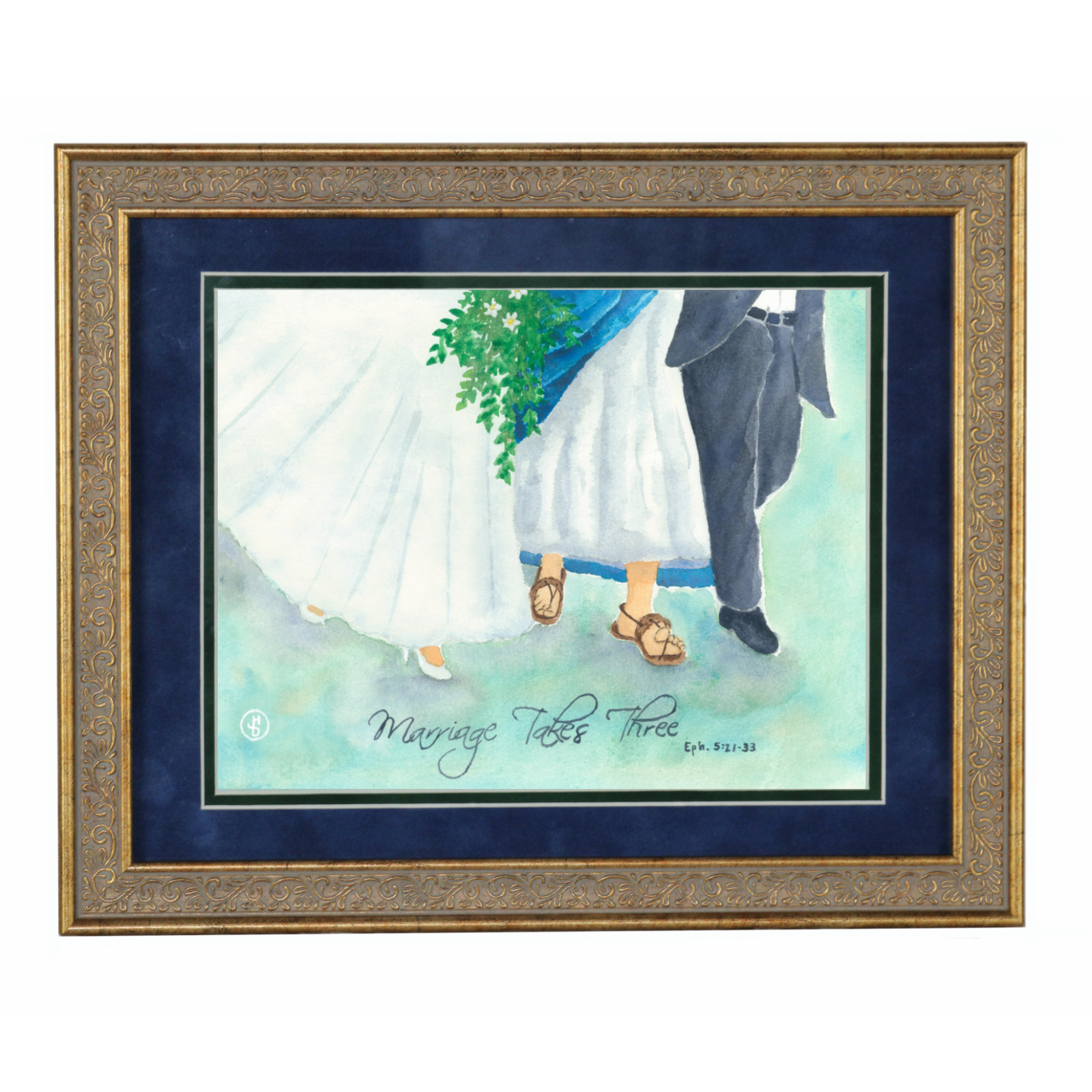 Watercolor Painting Print Marriage Takes Three Religious Mat Framed Signed 11×14