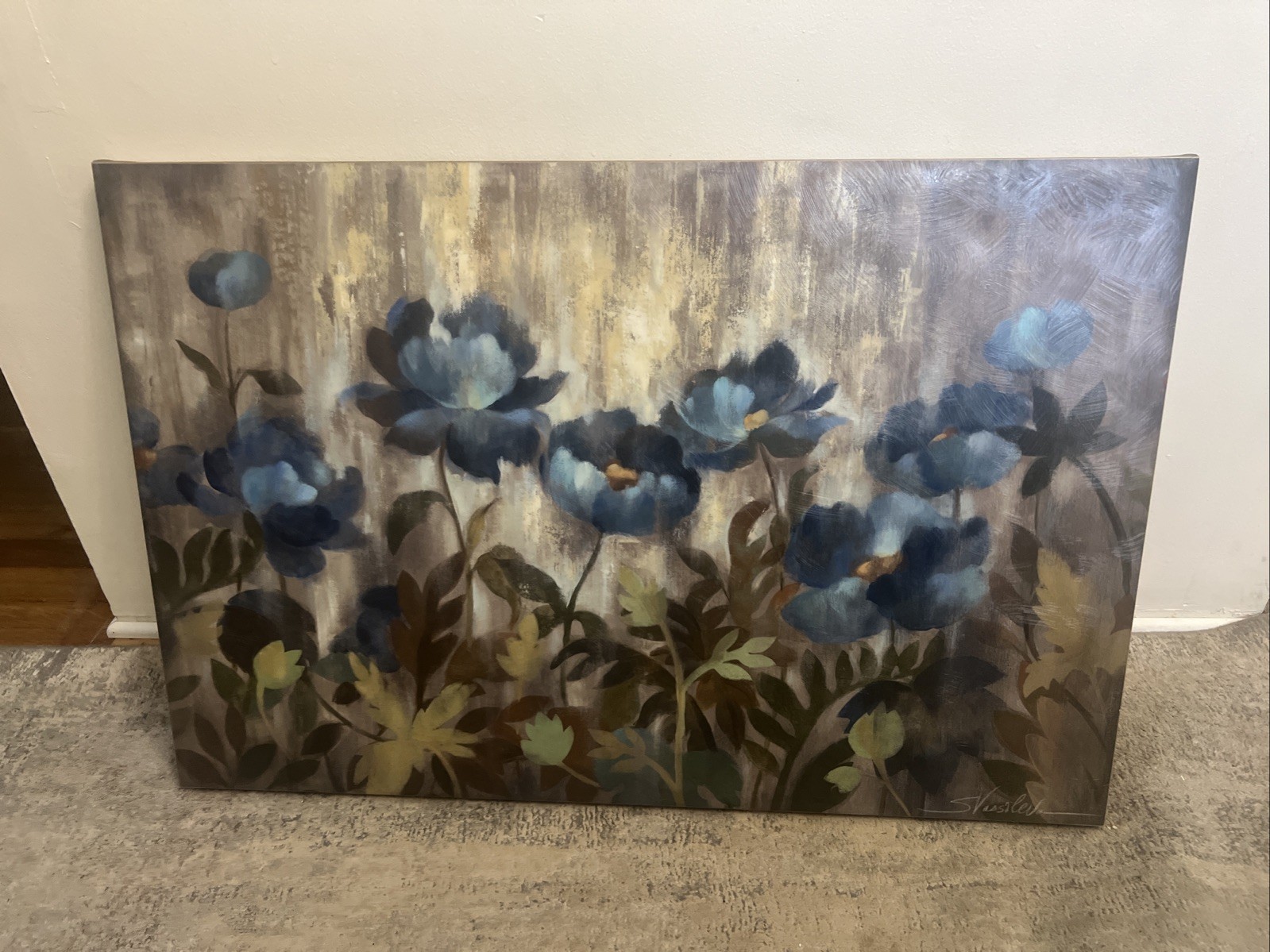 36W”x24H” SILVER AND SAPPHIRE by SILVIA VASSILEVA – CONTEMPORARY FLORAL CANVAS