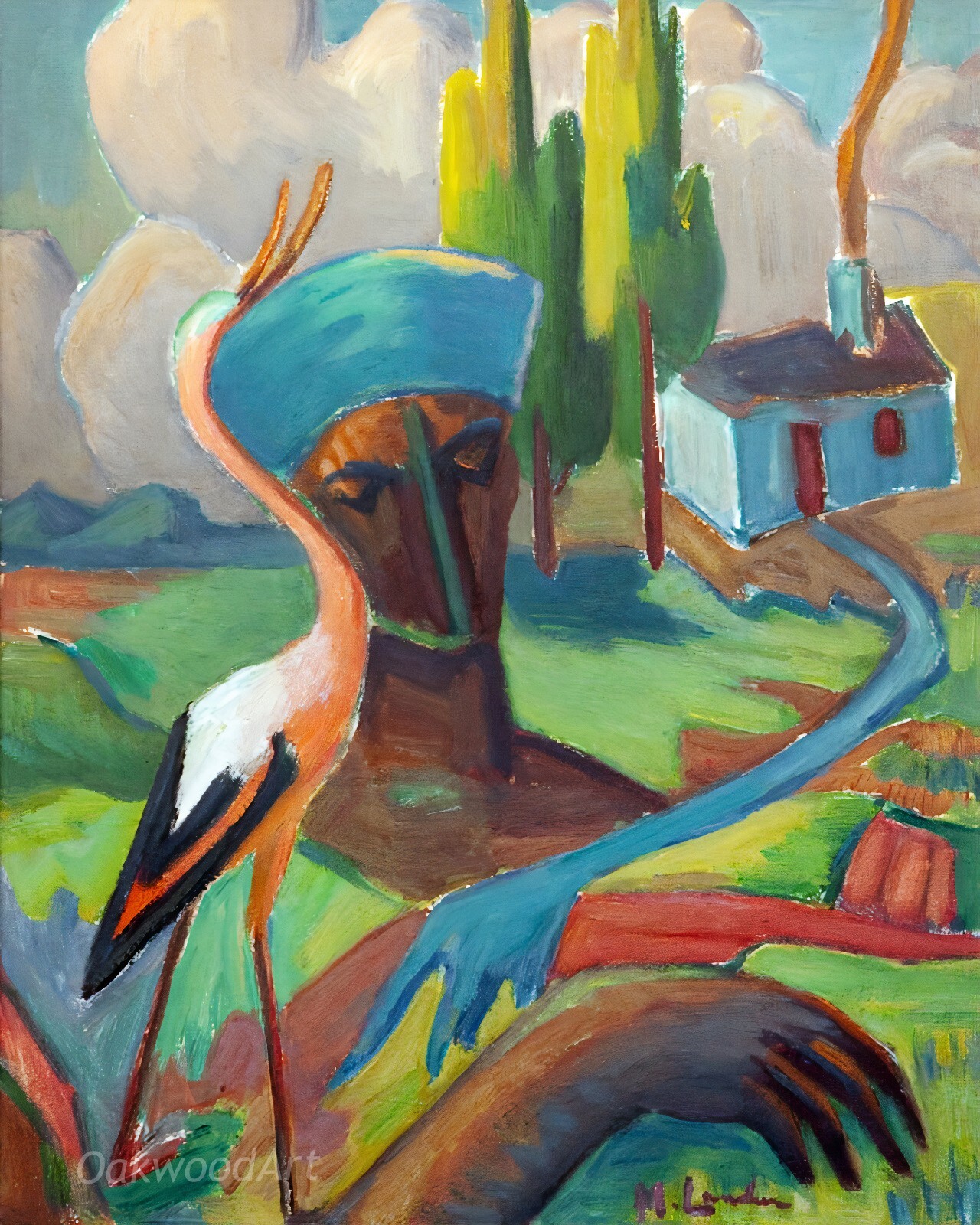 BLACK WOMAN with CRANE, House, Bird, Landscape, Vintage Art Reproduction