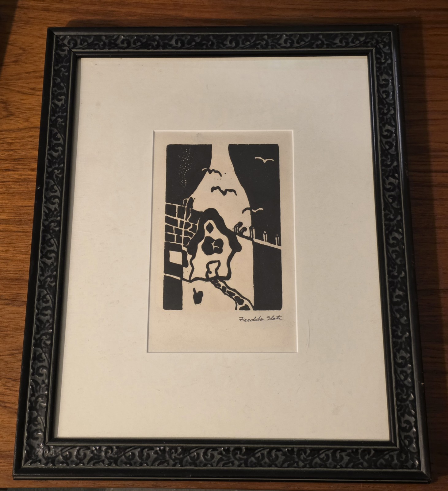 6″ x 4″ Black and White Woodcut, Framed