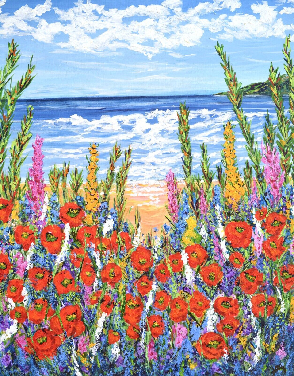 ACEO Ocean Poppy Beach Flowers PRINT From Painting Artist Trading Card 3.5×2.5