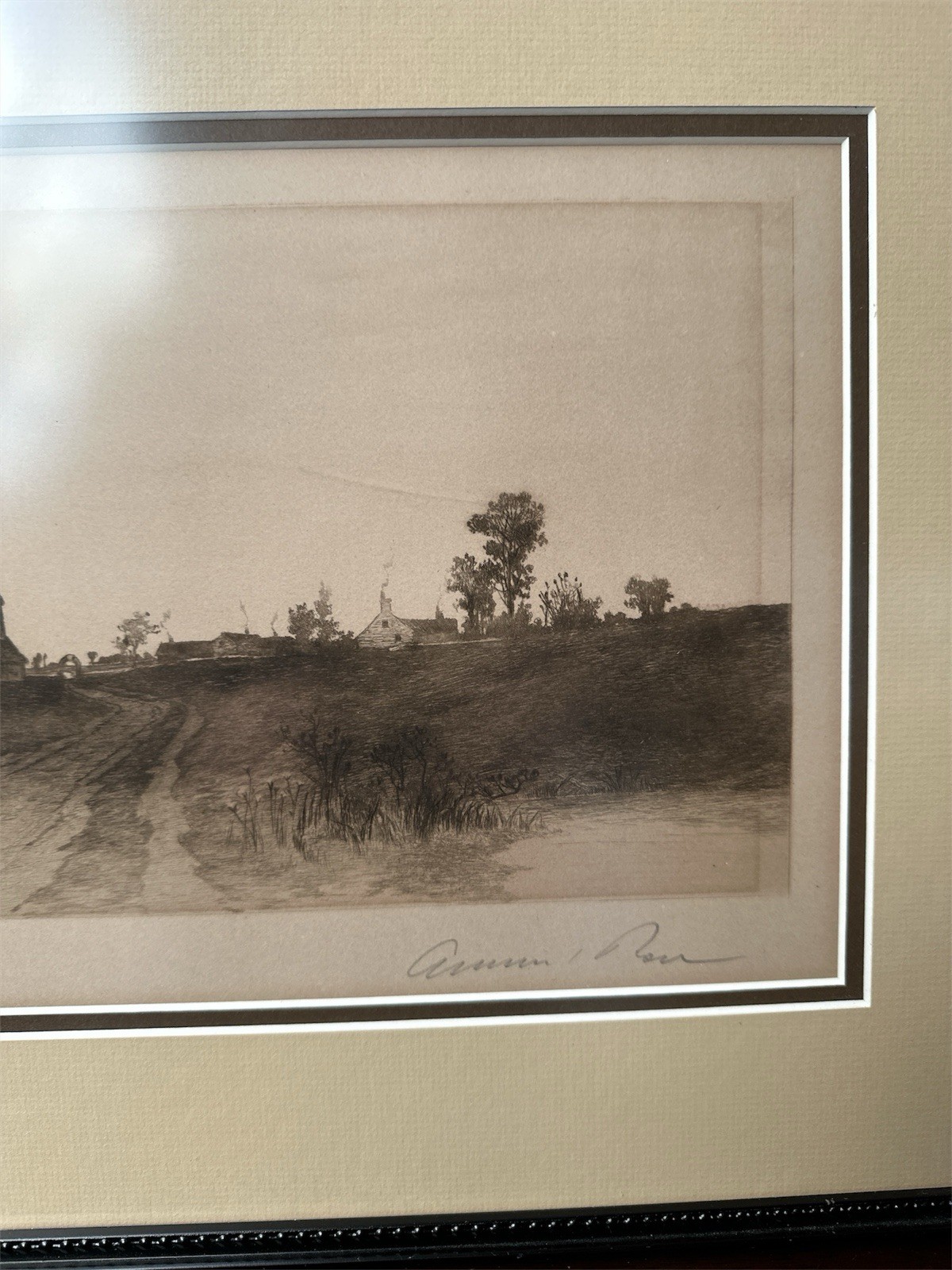 Antique 1890 Ernest Christian Rost Etching Cottage Farm Signed & Framed 31 X 17”